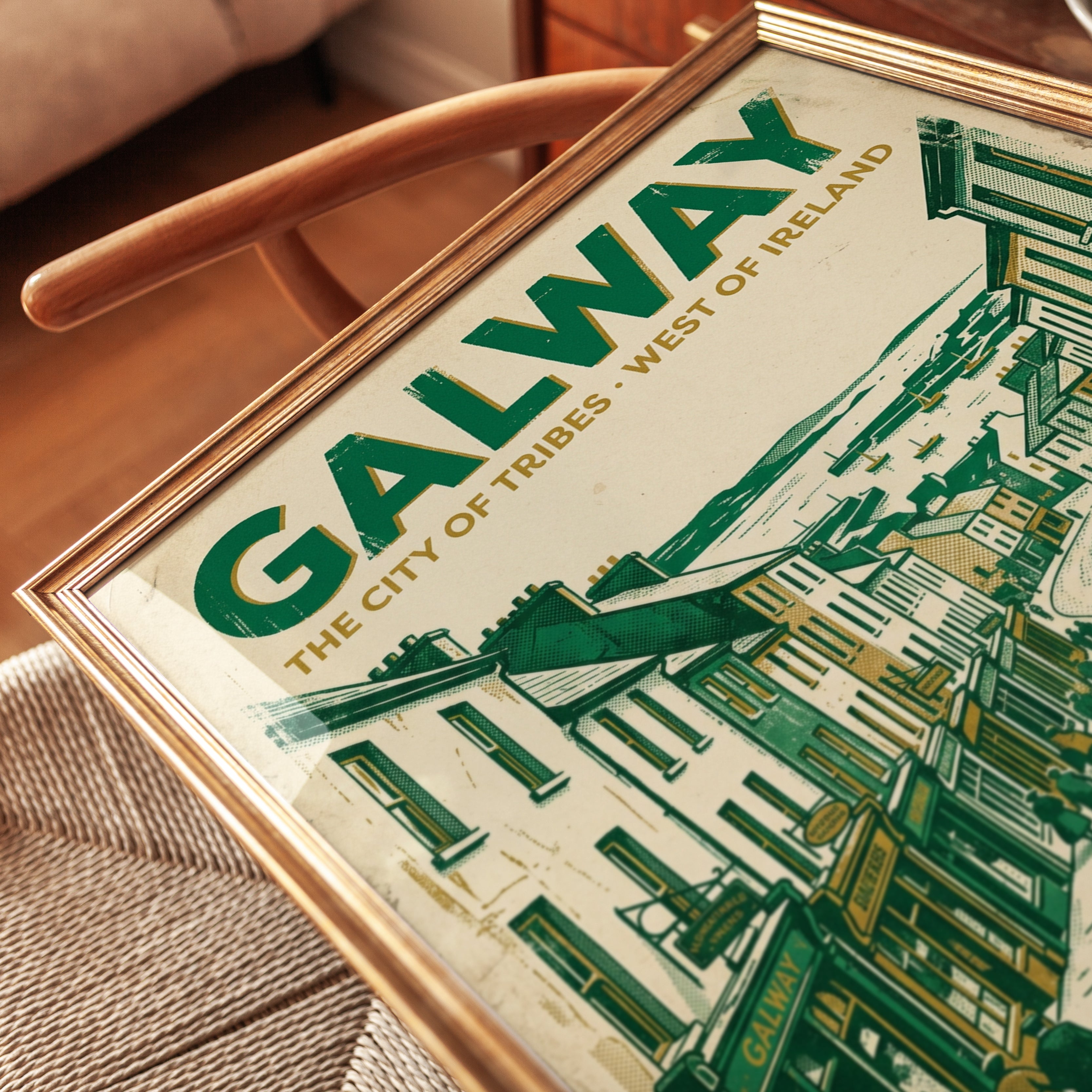 Galway Ireland Travel Poster: Vintage Green Street Scene Art Print - detail