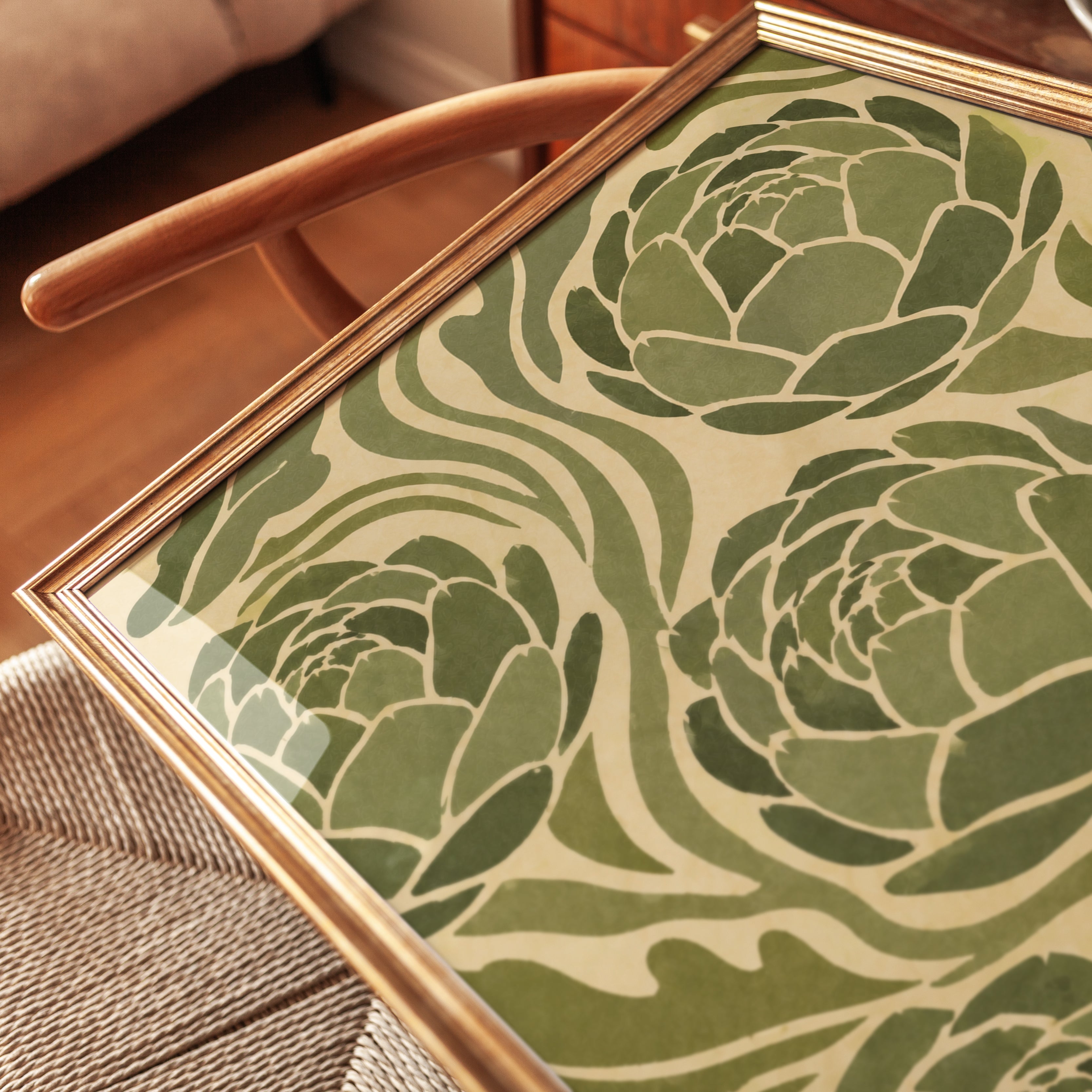 Art Nouveau Lotus Flowers: Green Botanical Poster - detail
