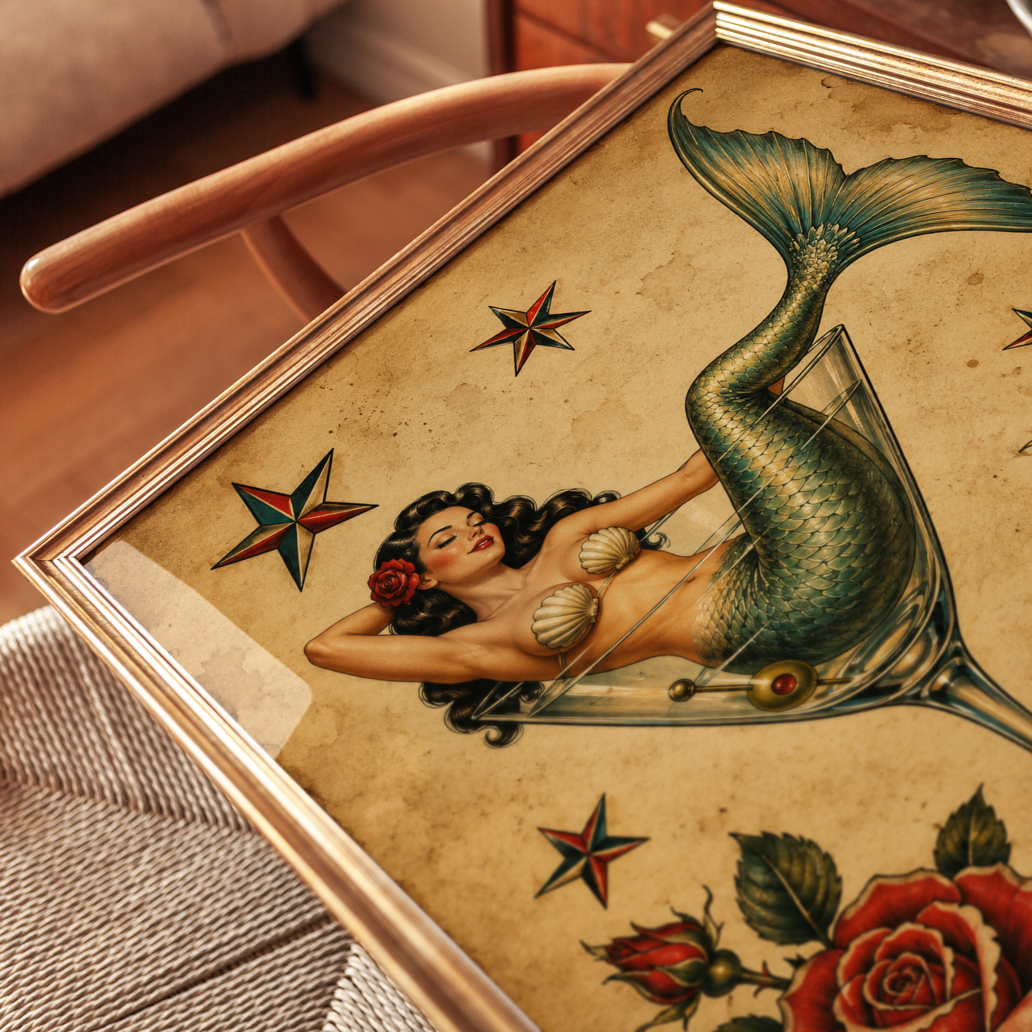 Vintage Mermaid Martini Print: Retro Tattoo Style Pin-Up Art - detail