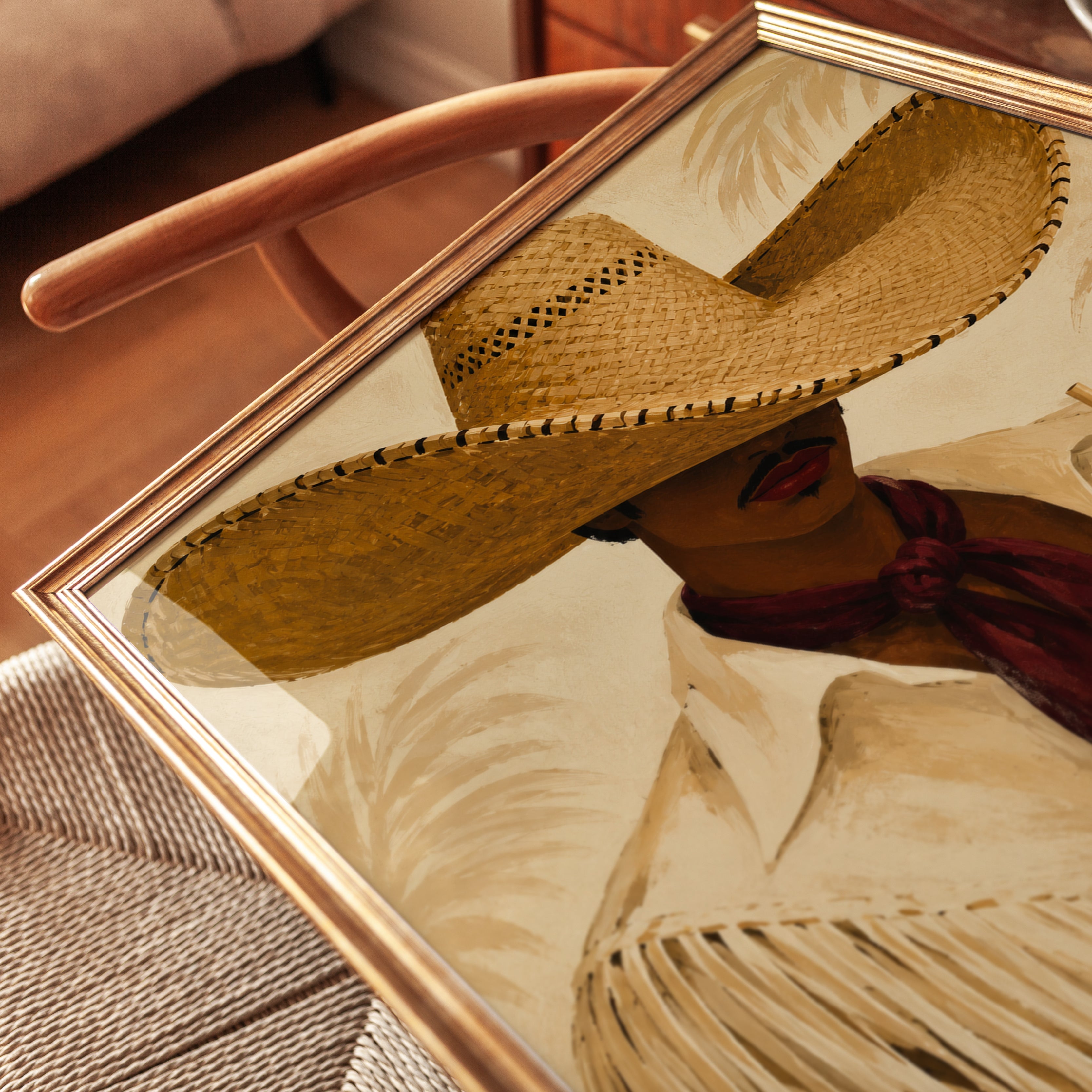 Tropical Cowgirl with Pineapple Drink: Warm Tan Fashion Art Print - detail