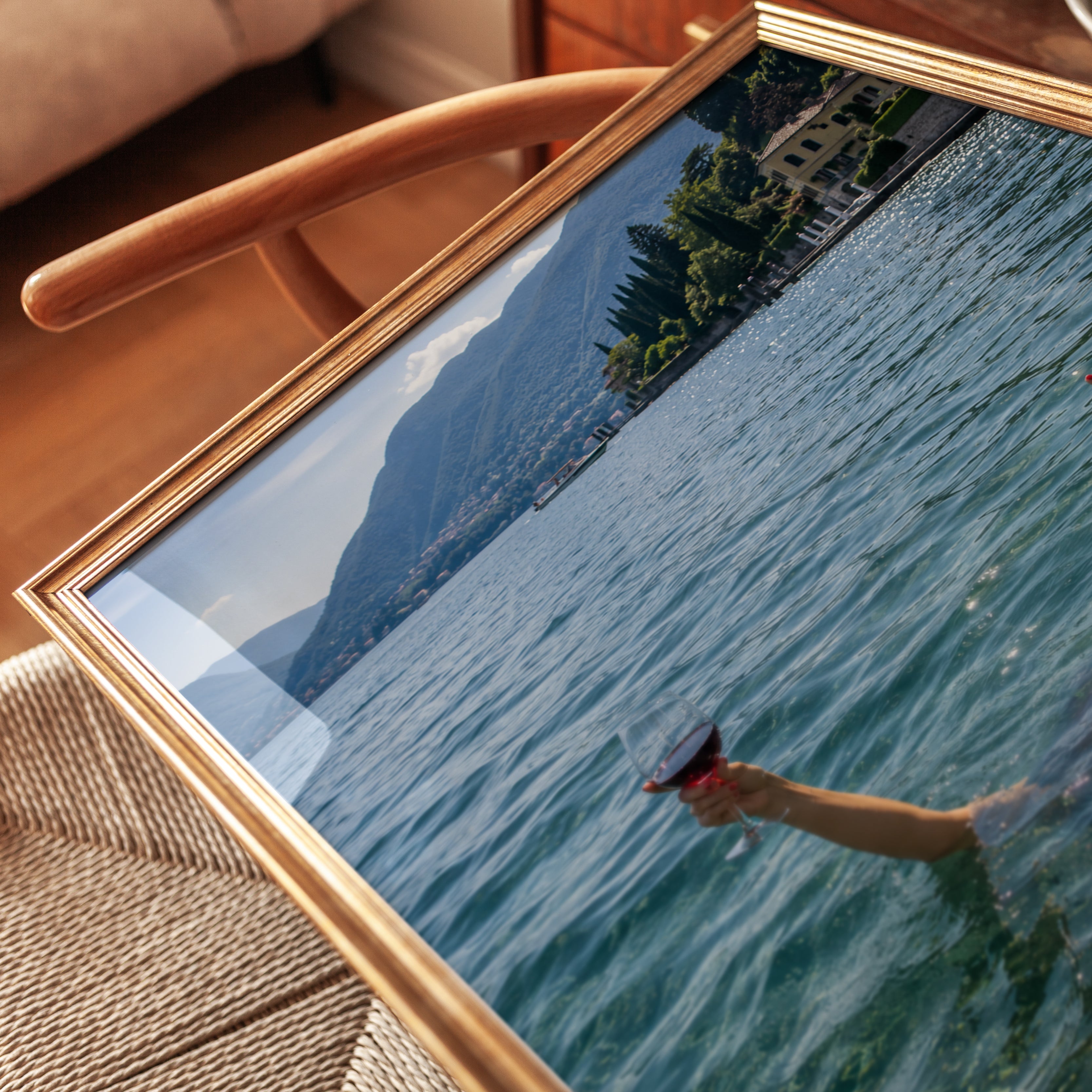 Italian Lake Swimming Art Print: Wine Glass Summer Lifestyle - detail