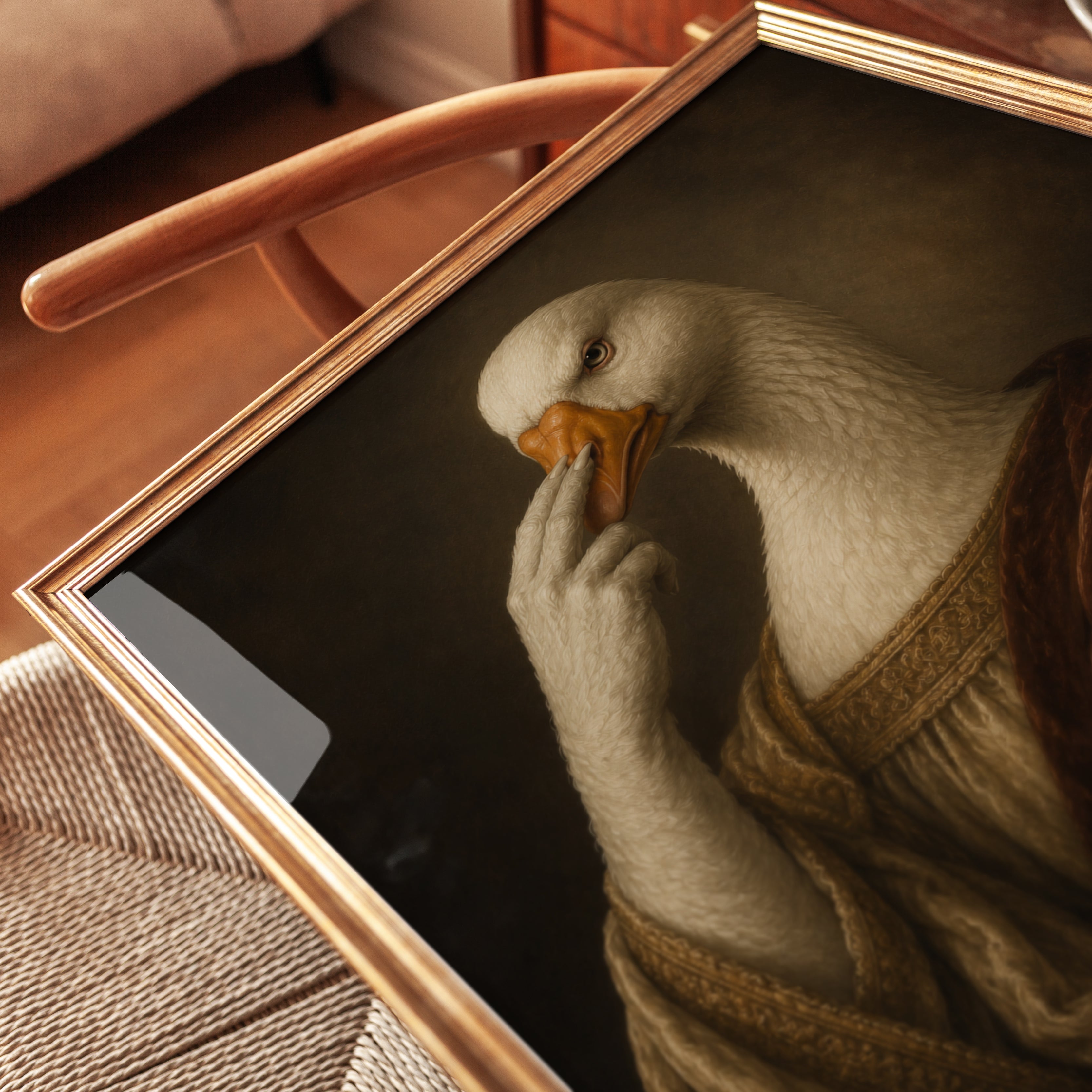 Funny Bathroom Poster Anthropomorphic Renaissance Goose Portrait - detail