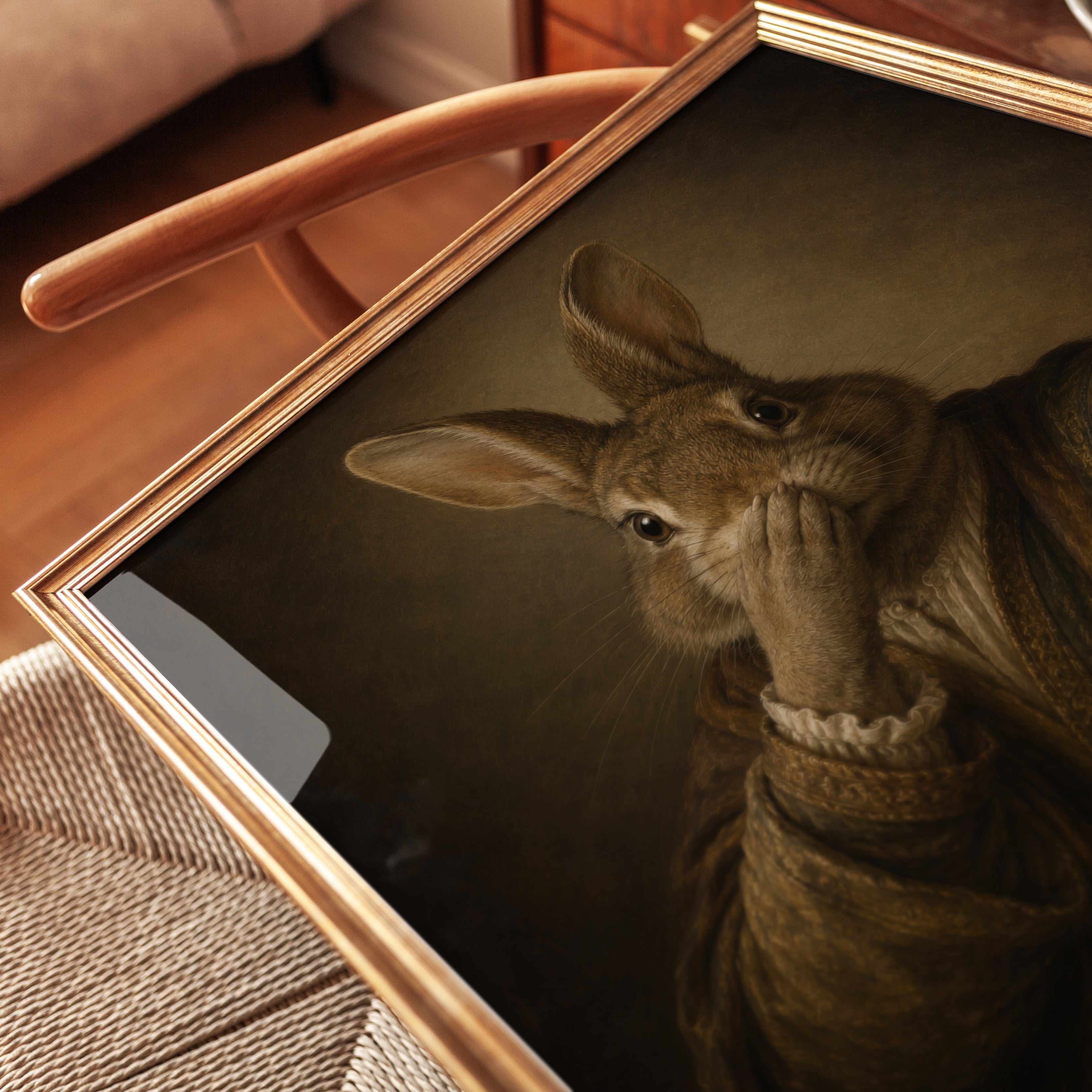 Funny Bathroom Poster Rabbit Wall Art: Classical Renaissance Style - detail