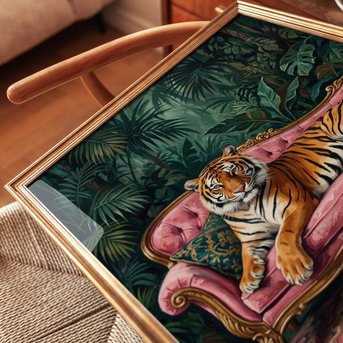 Tiger on Pink Sofa Print — Jungle Victorian Maximalist Art - detail