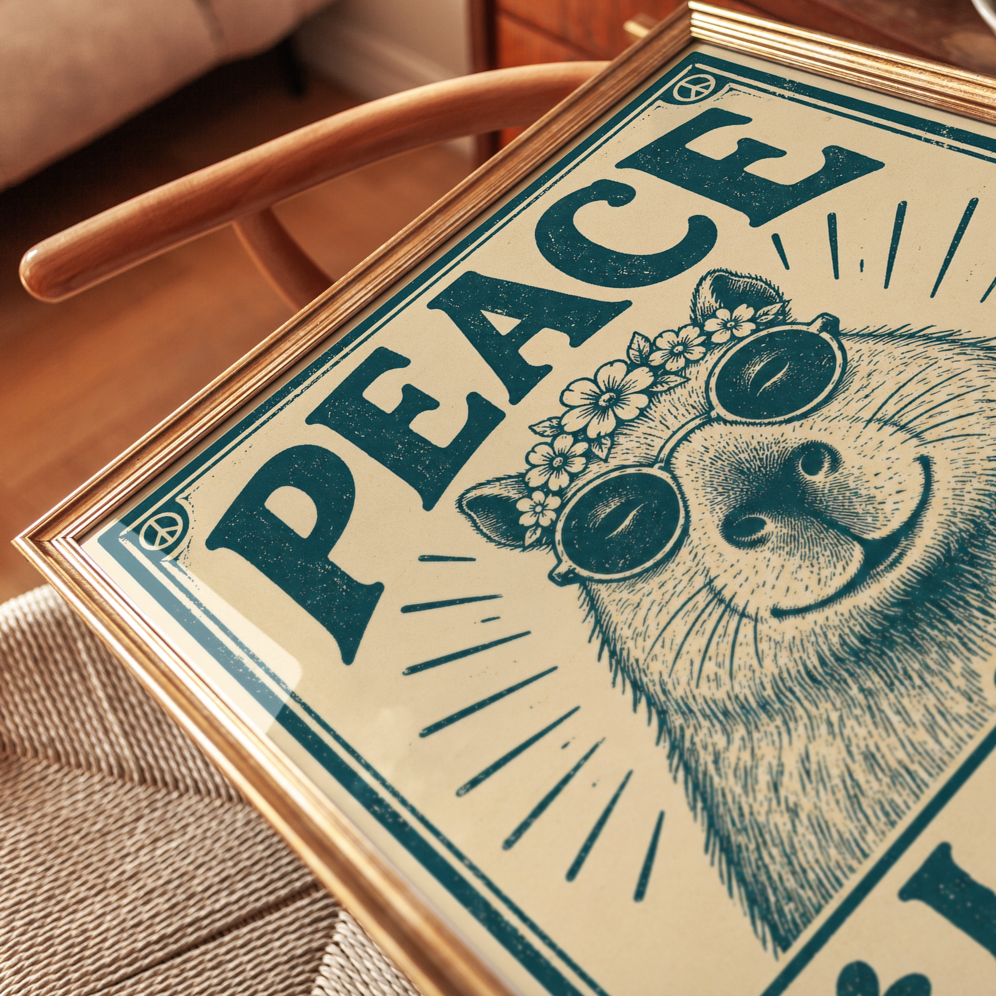Capybara Wall Art: Retro Hippie Vibes (Peace & Love Poster) - detail