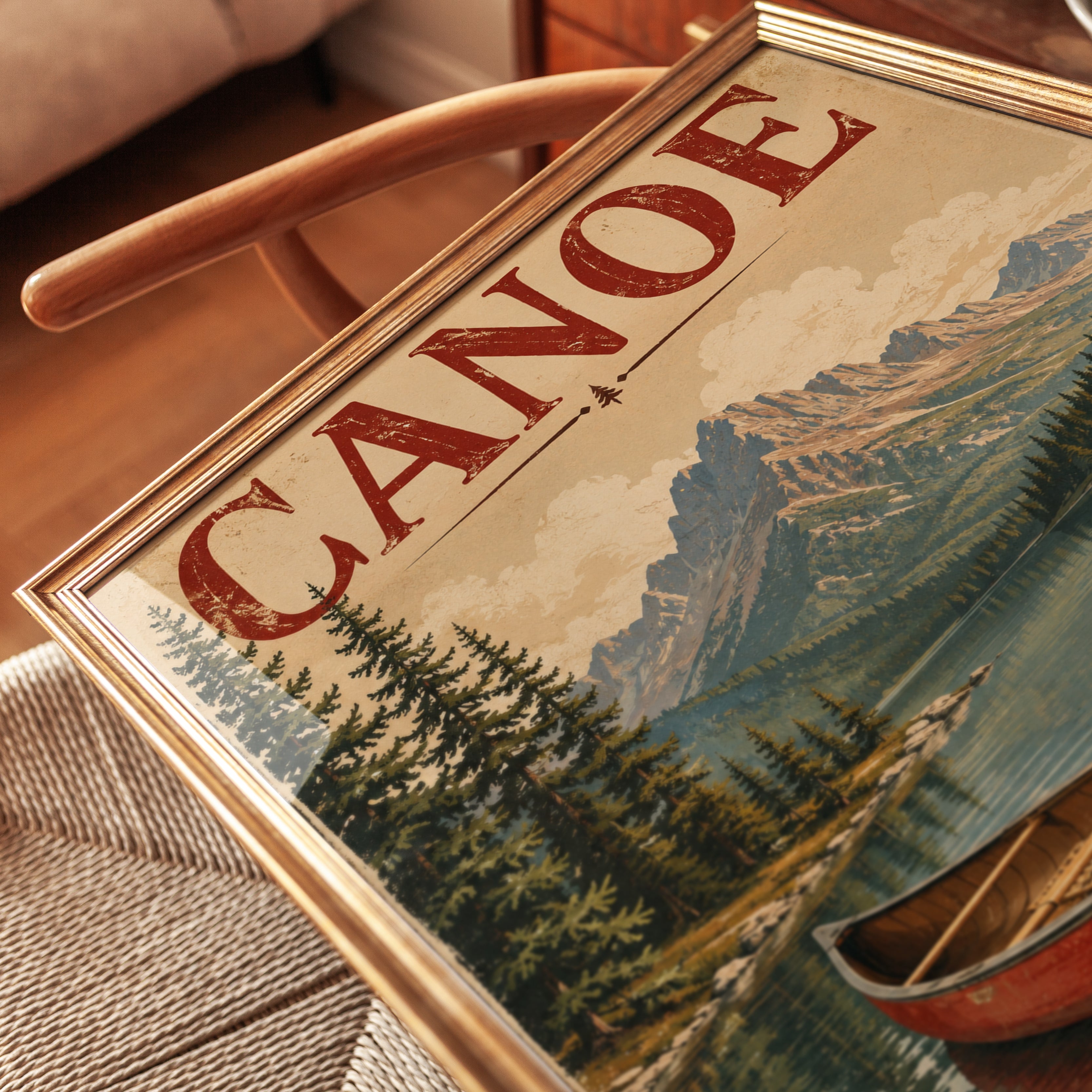 Vintage Canoe Mountain Lake Poster: Retro Wilderness Travel Art - detail
