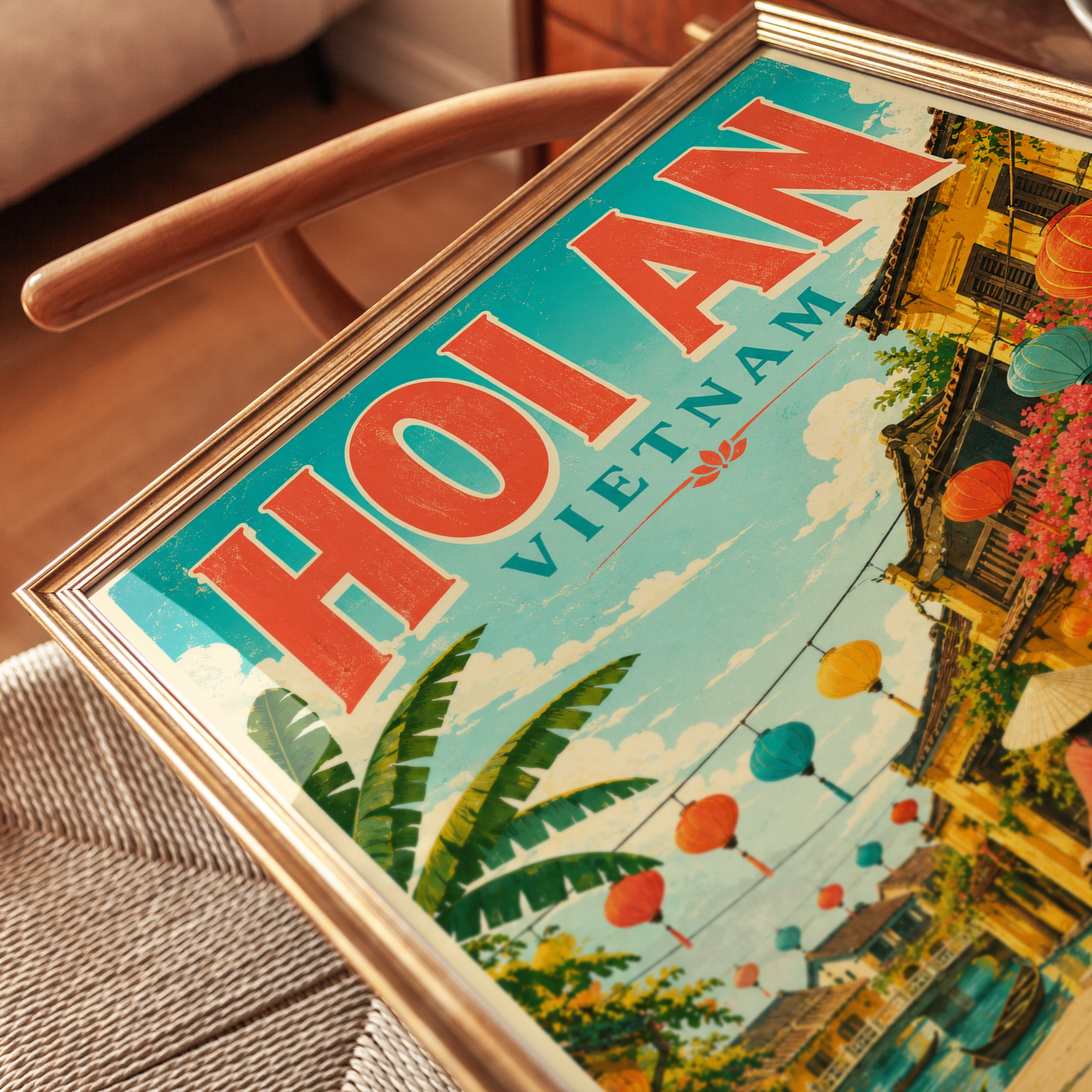 Hoi An Vietnam Travel Poster: Vintage Tropical Street Art Print - detail