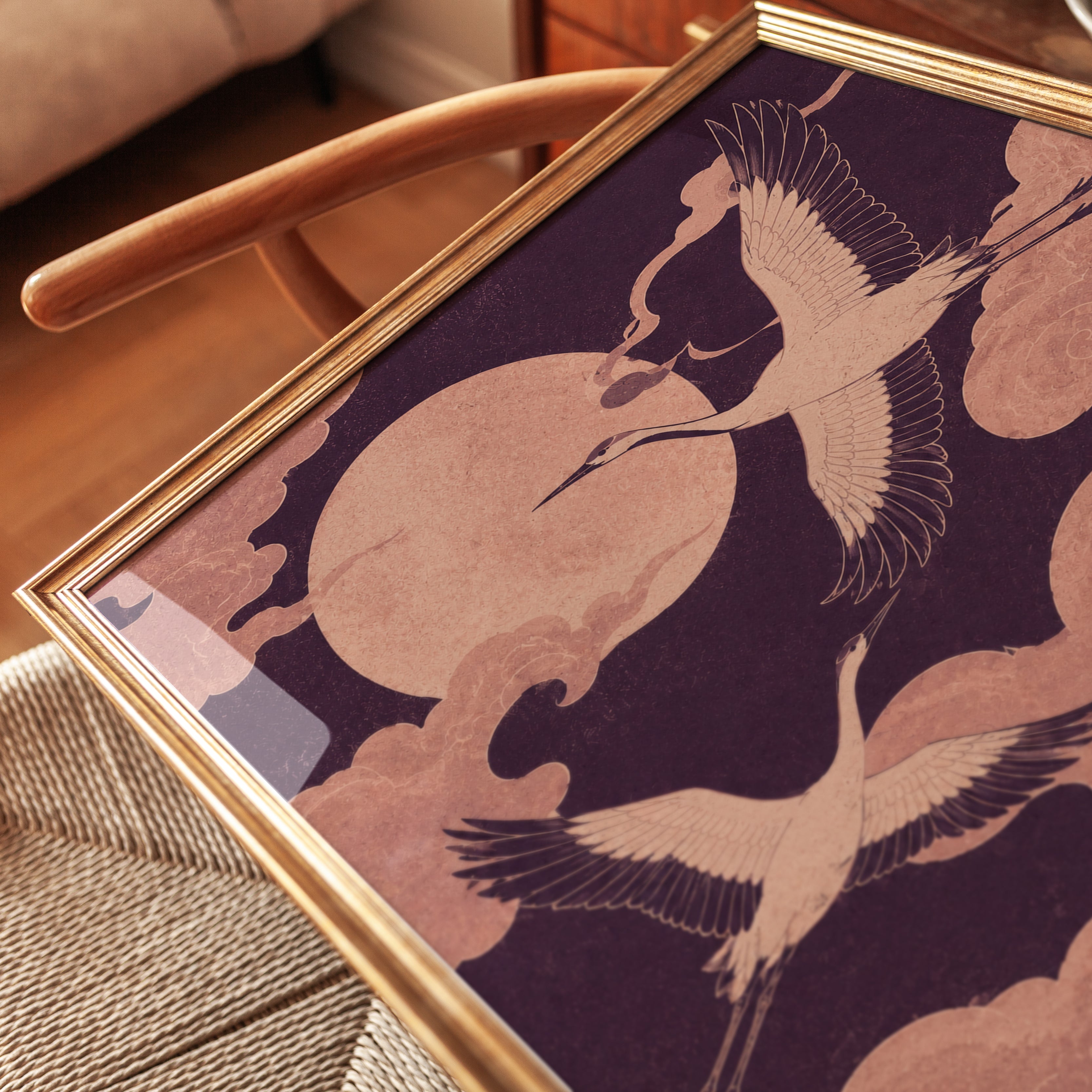 Japanese Crane Art Print: Moon & Cloud Design in Pink and Purple - detail