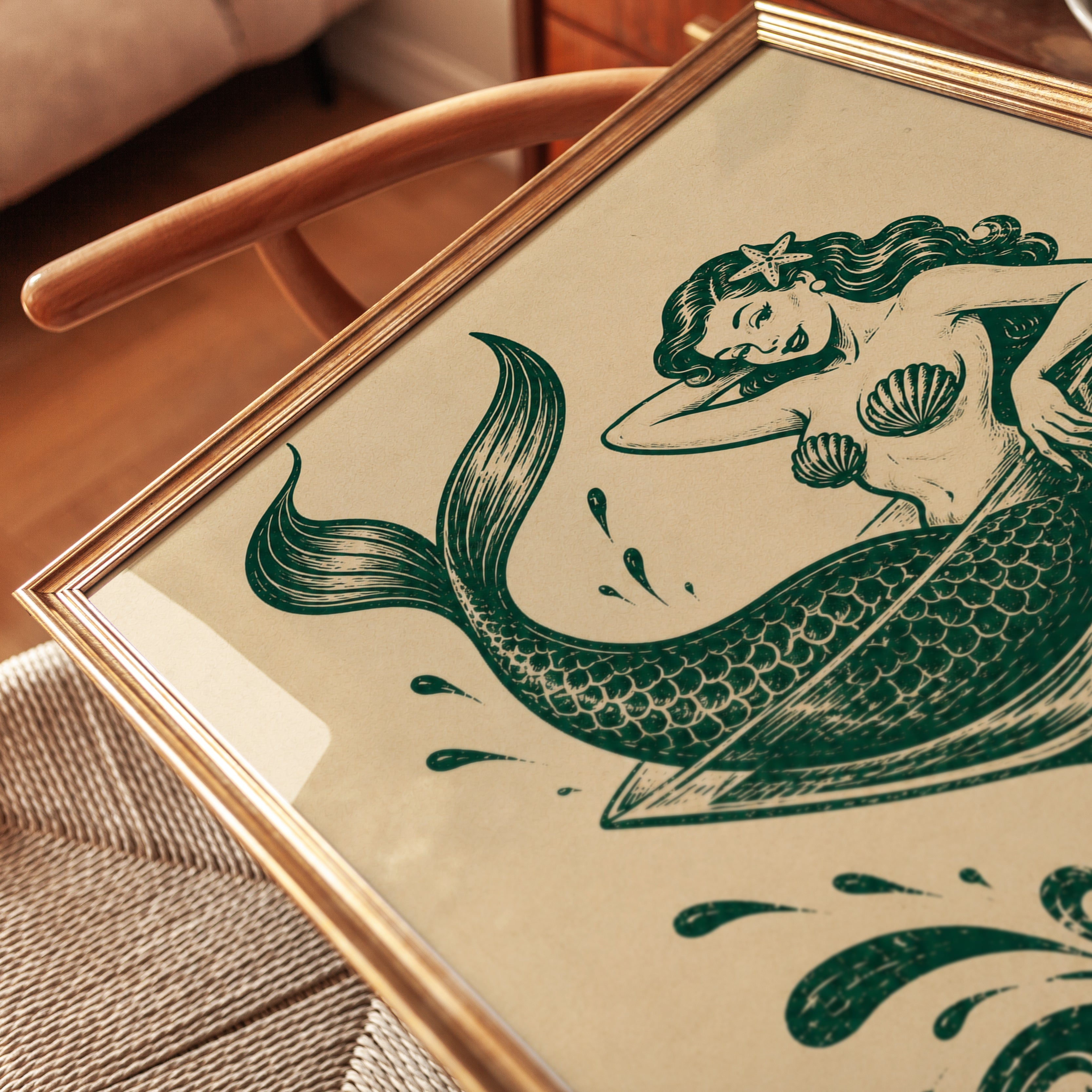 Vintage Mermaid Martini Glass Print: Retro Nautical Wall Art - detail