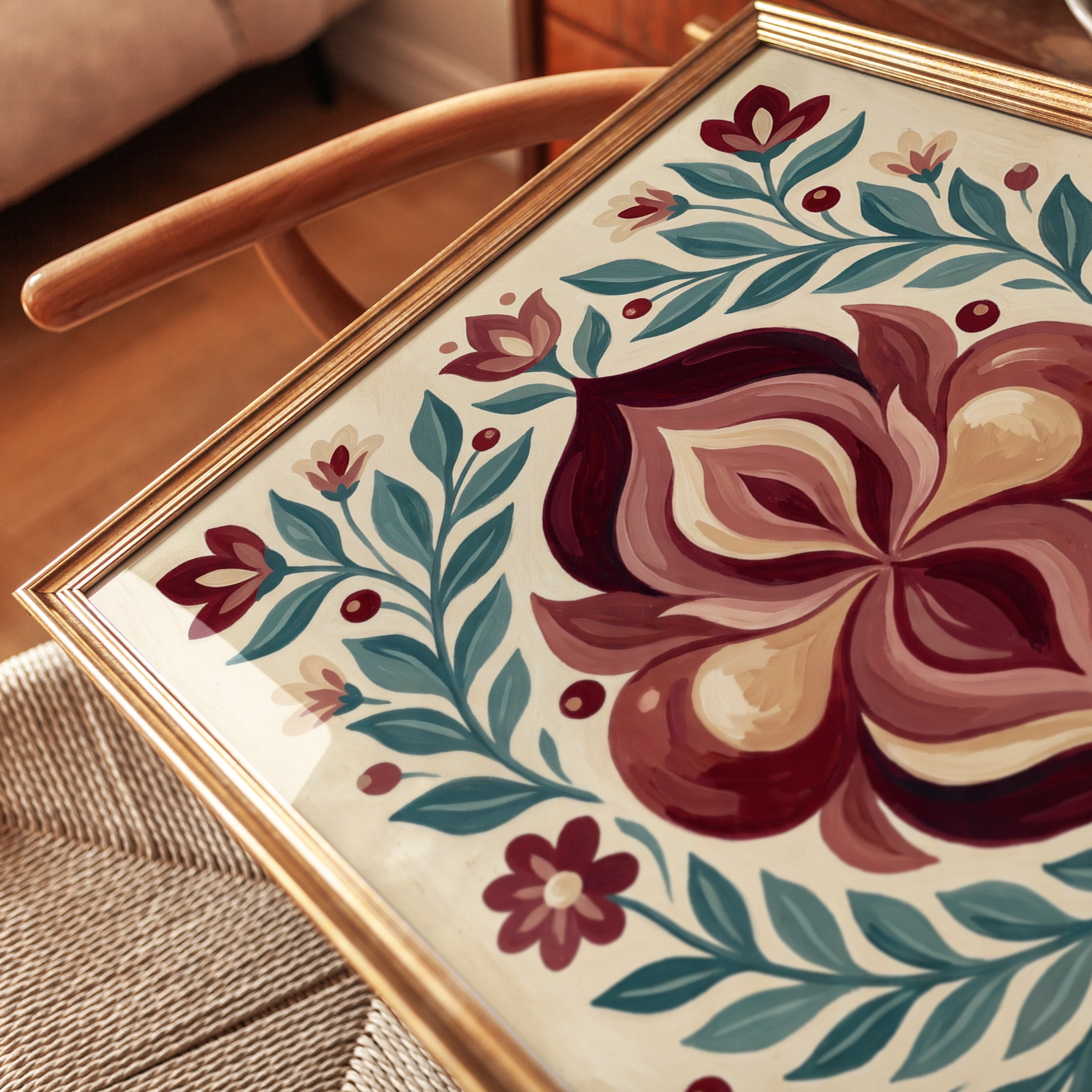 Folk Art Floral Print — Symmetrical Botanical Illustration - detail