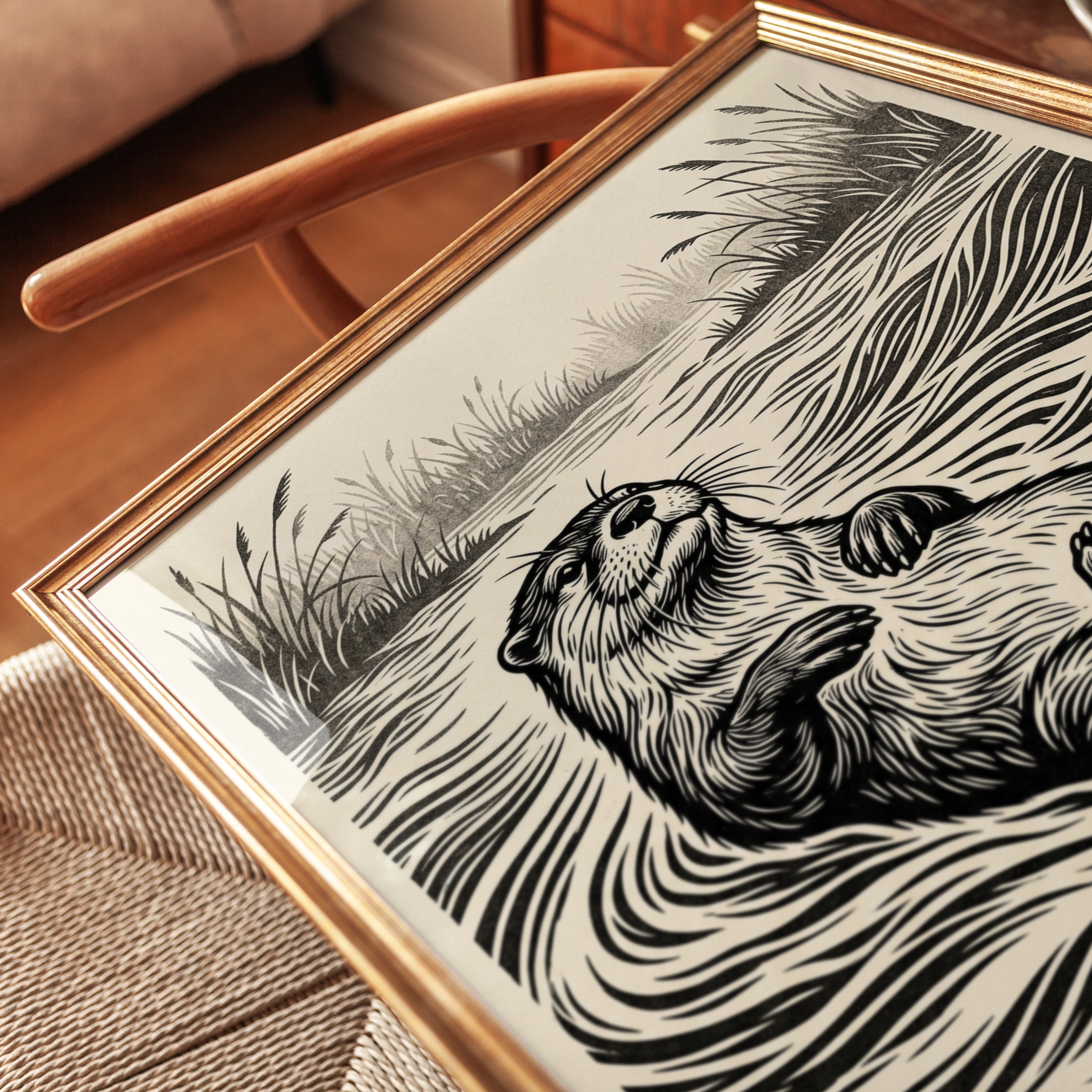 Otter in Water Linocut Print: Black and White Wildlife Art - detail
