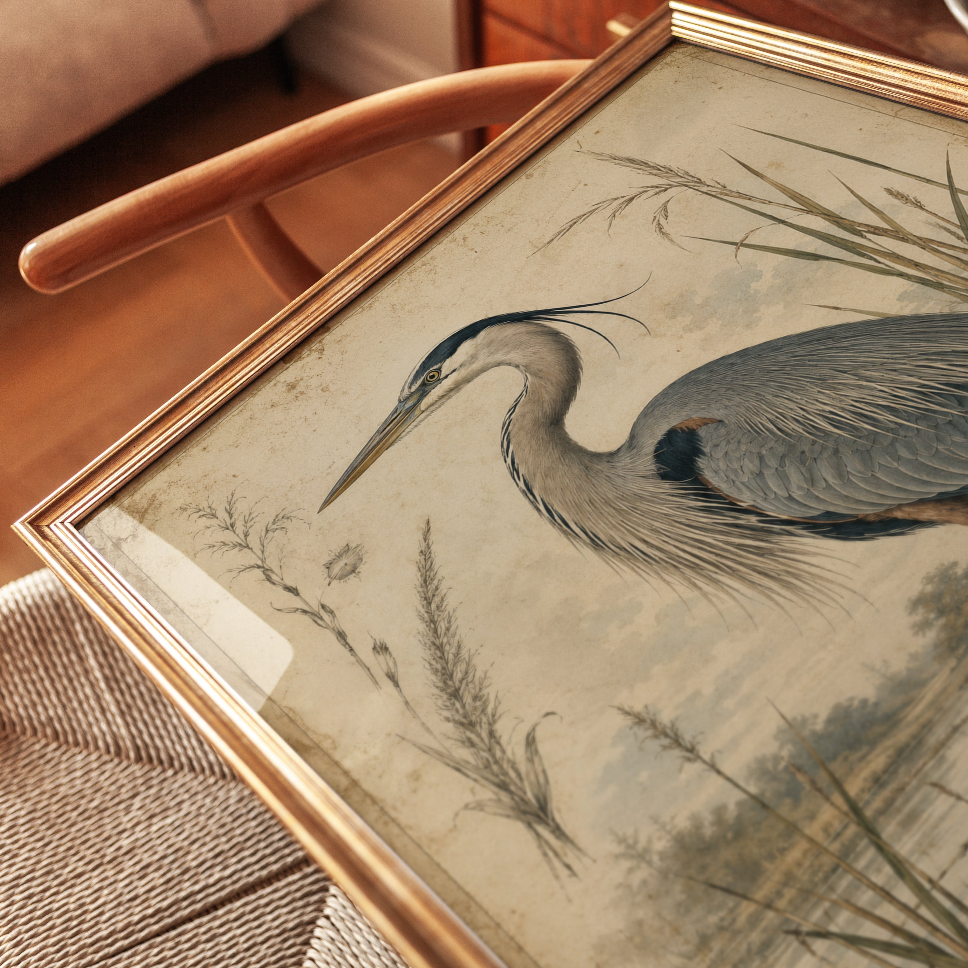 Heron Wall Art – Vintage Bird Print - detail