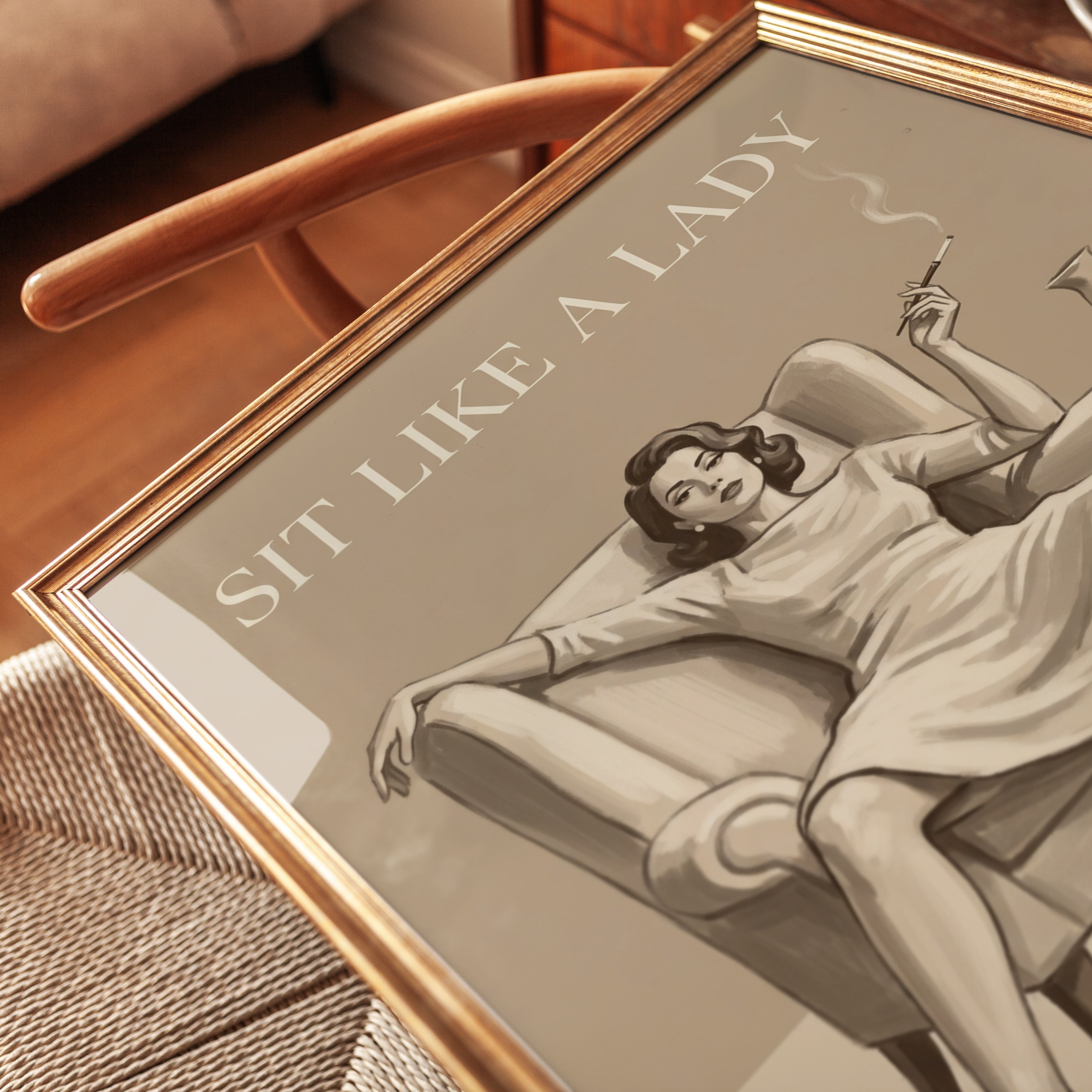 Sit Like A Lady Art Print: Vintage Sepia Glamour Poster - detail