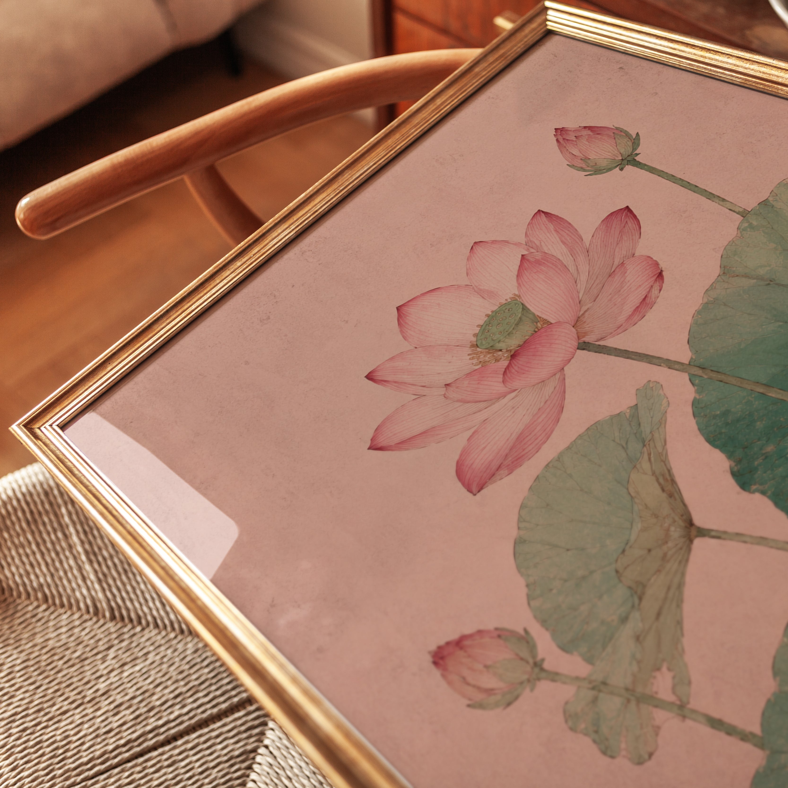 Lotus Flower Botanical Print — Vintage East Asian Watercolor - detail