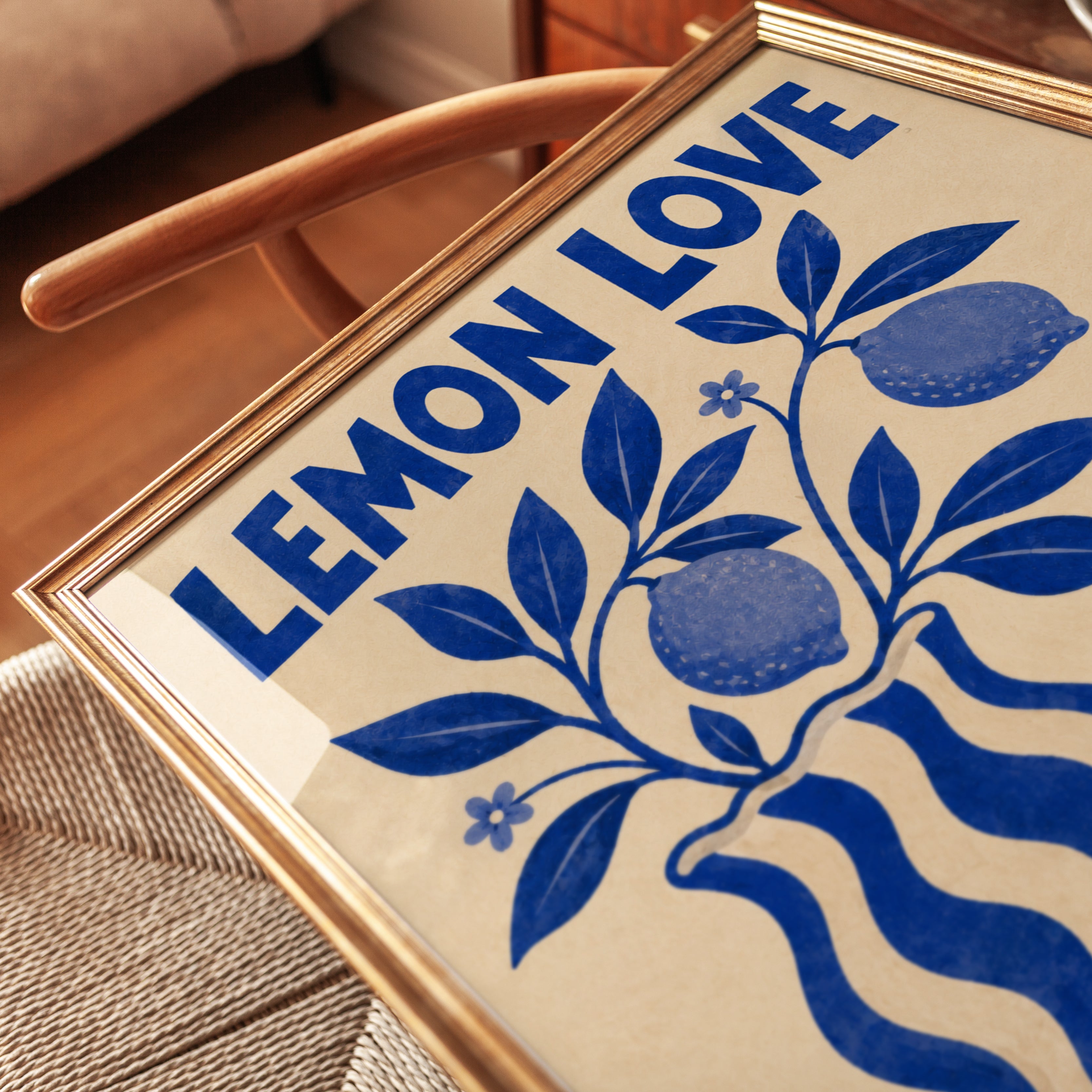 Lemon Love Print: Blue Folk Art Botanical Kitchen Poster - detail