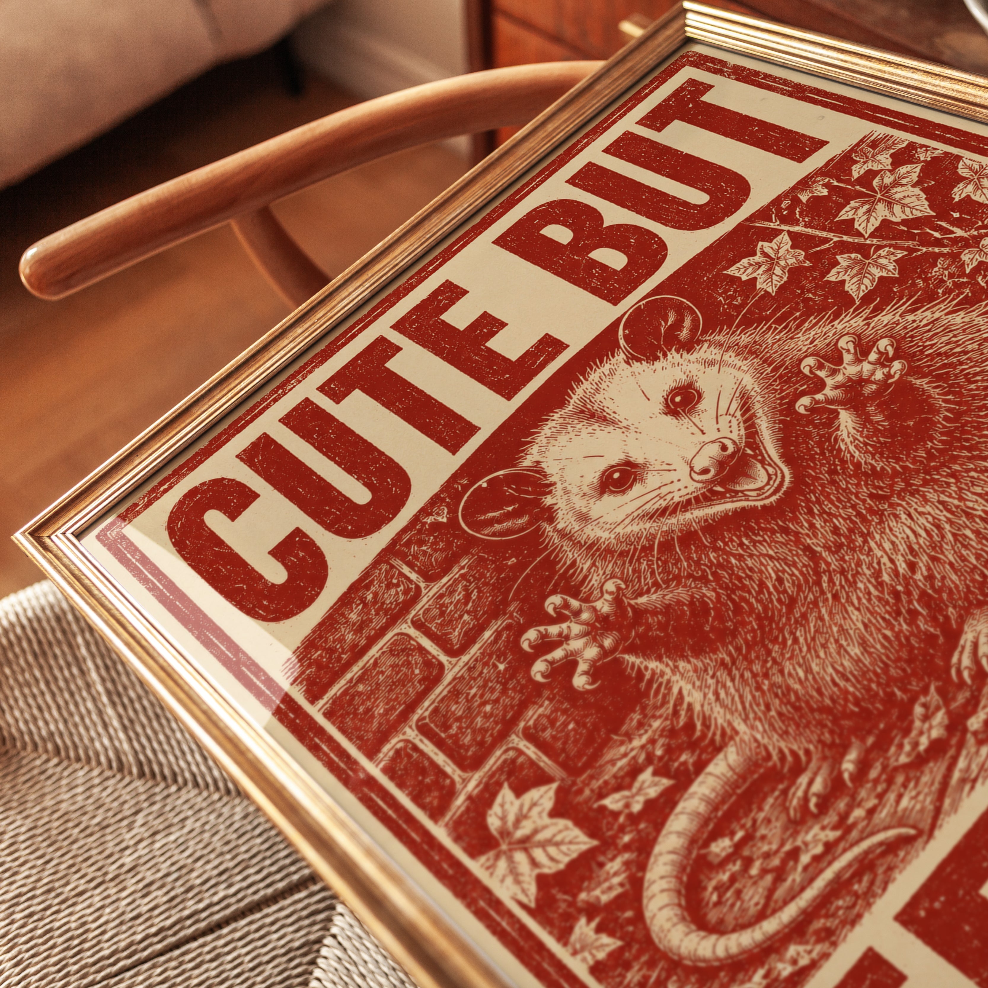 Cute But Feral Opossum Print: Vintage Red Propaganda Poster Art - detail
