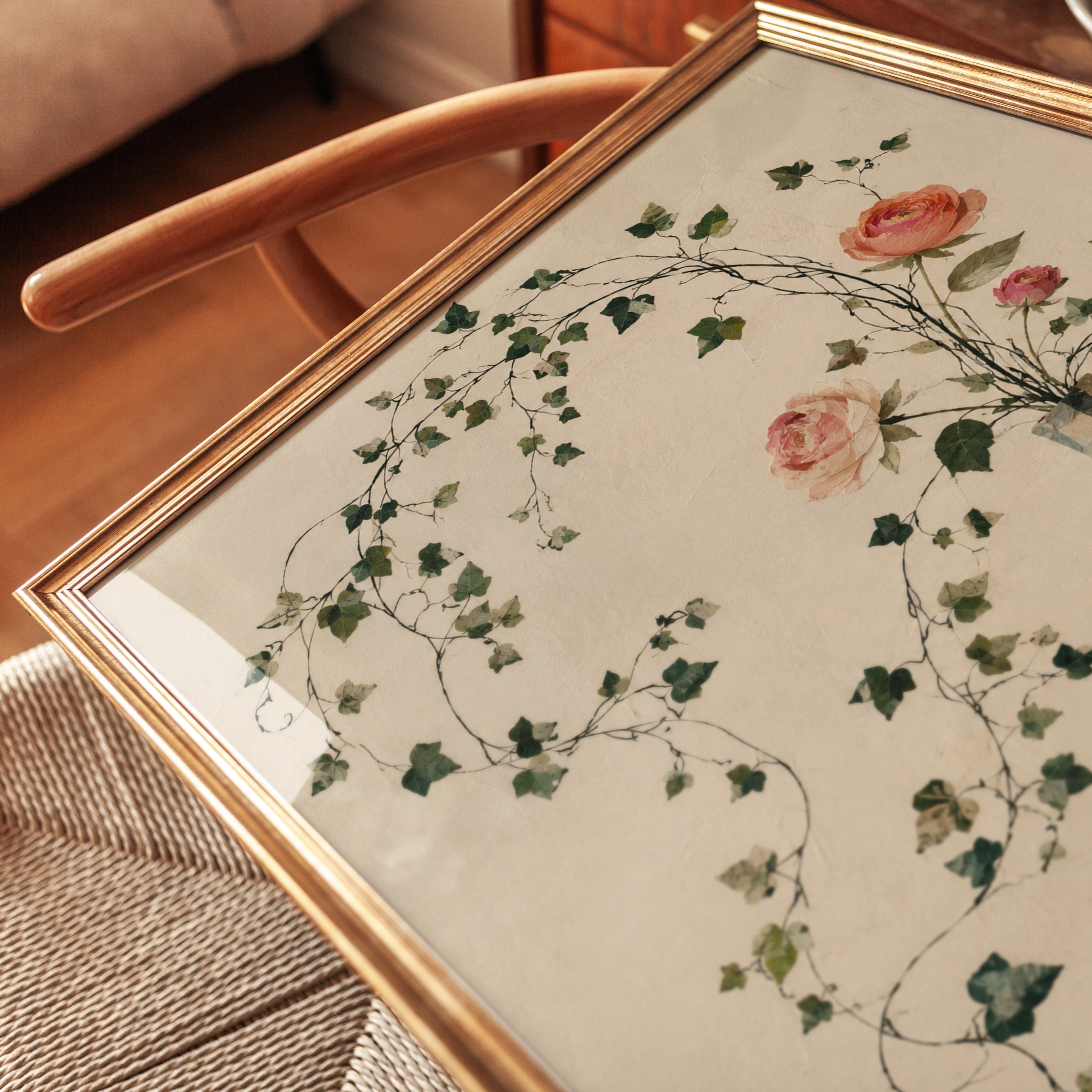 Roses And Ivy Botanical Art Print: Vintage Floral Still Life - detail