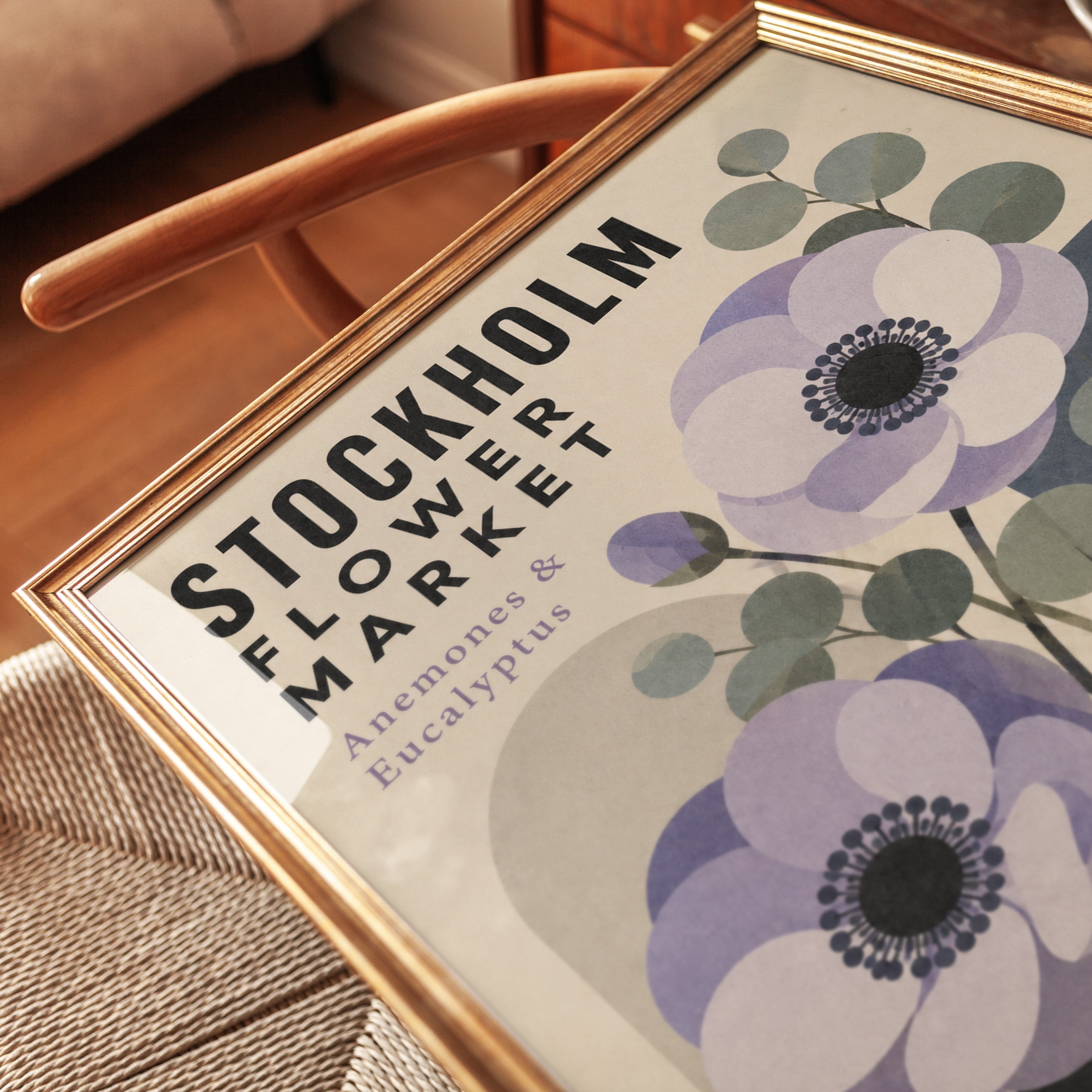 Stockholm Flower Market Print — Botanical Anemones & Eucalyptus - detail