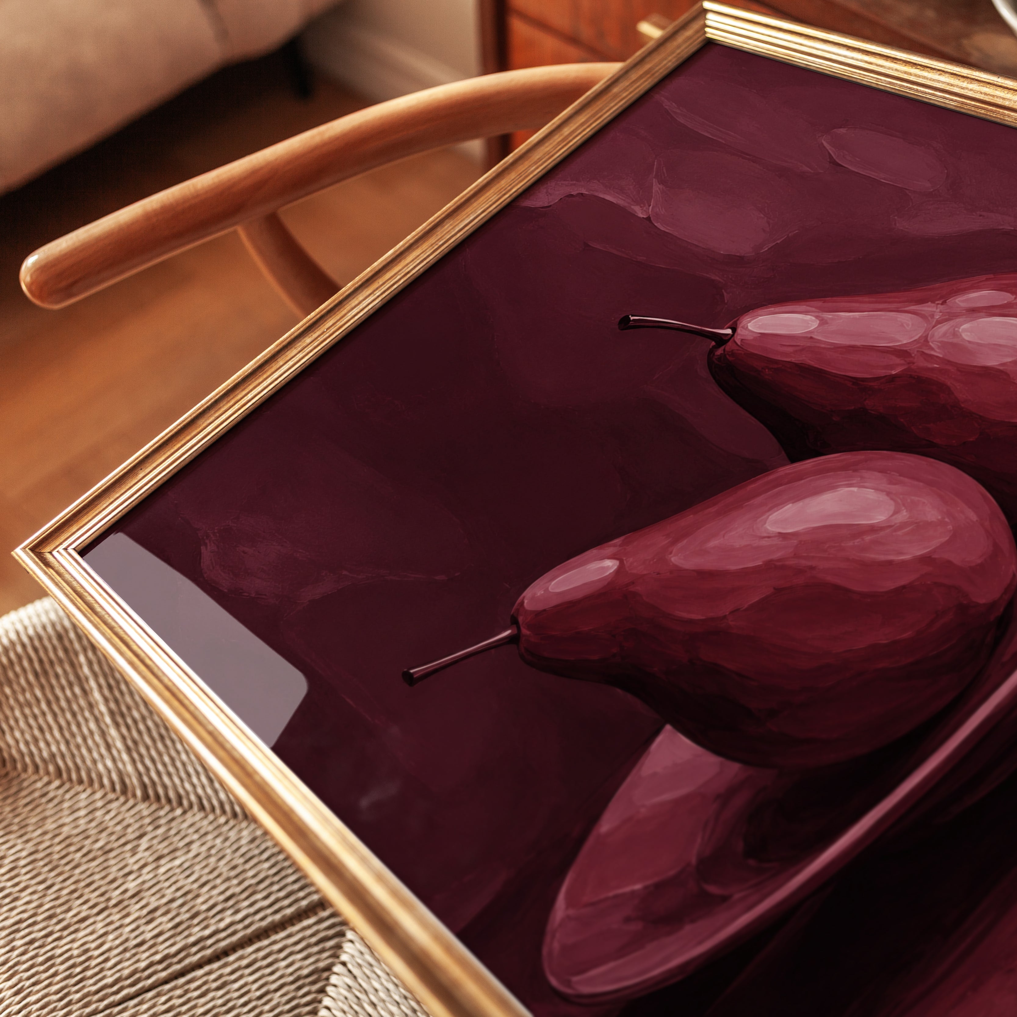 Monochromatic Pears Still Life: Burgundy Red Art Print - detail