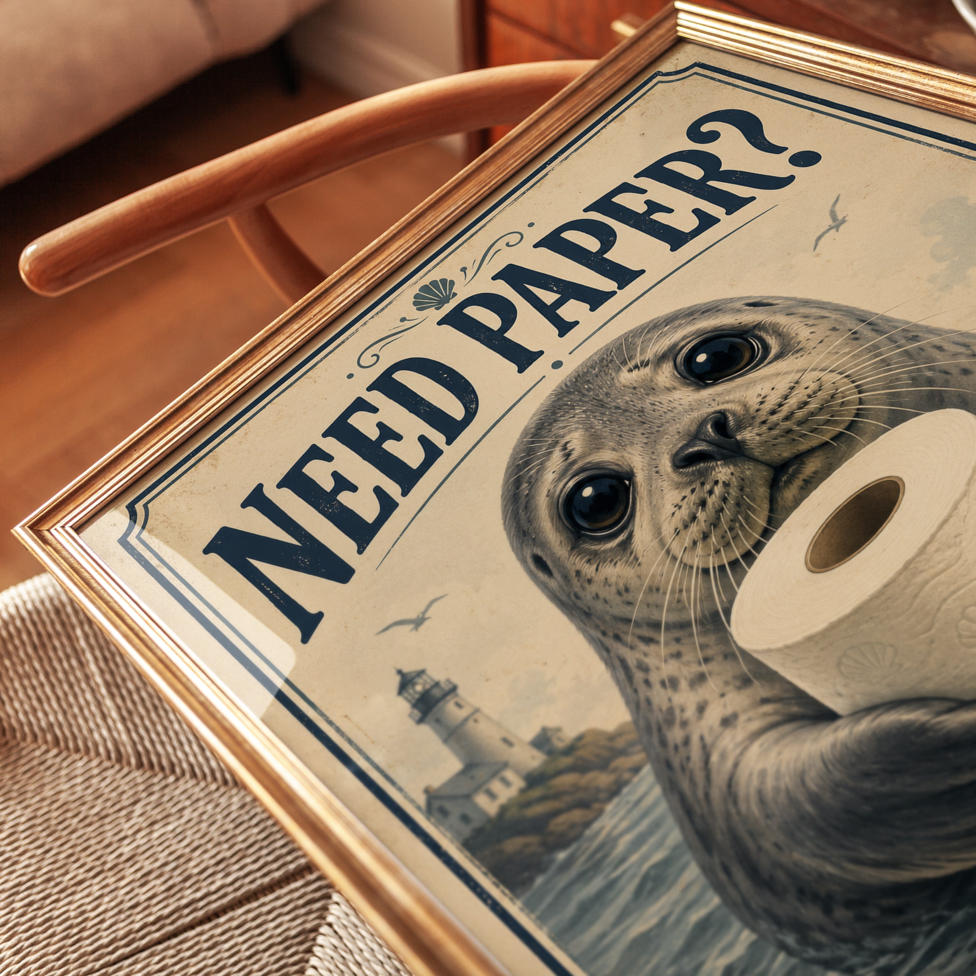 Seal Bathroom Art: Vintage Nautical Humor (Powder Room Decor) - detail