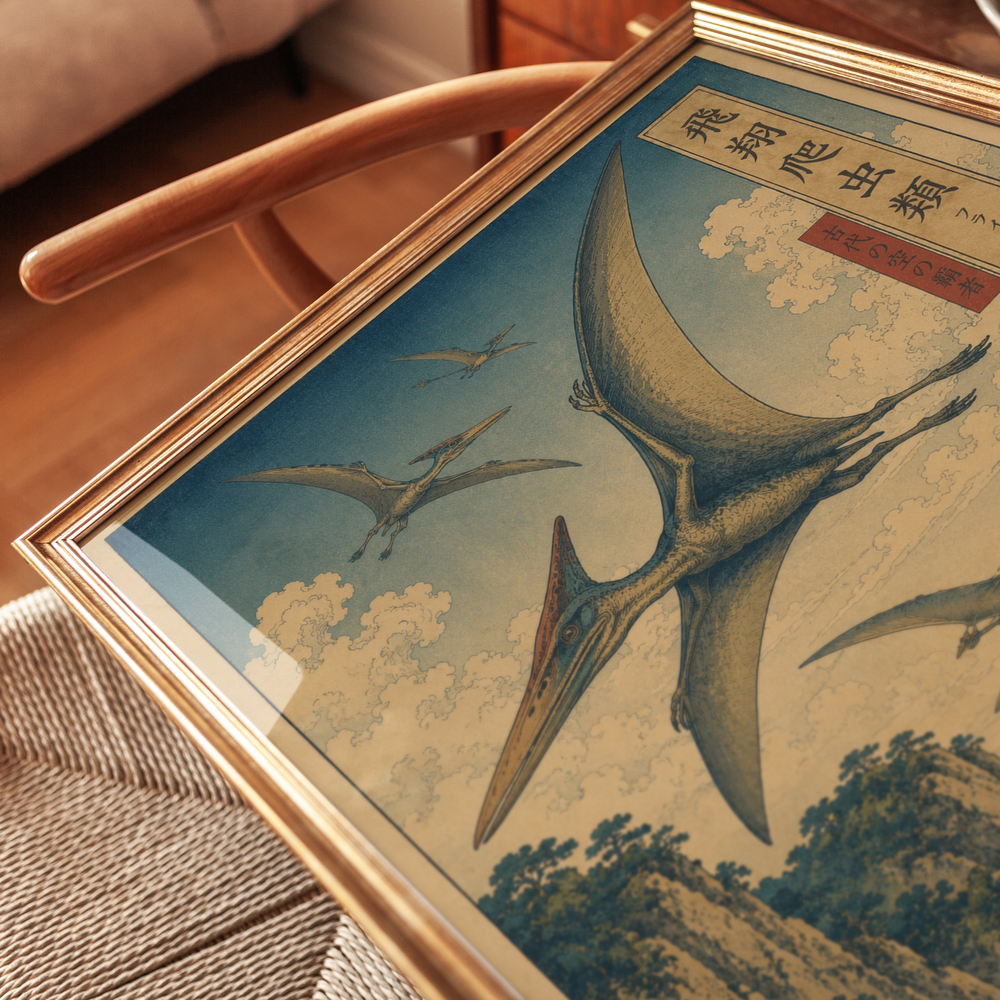 Flying Pterodactyls Art Print: Japanese Ukiyo-e Style Dinosaurs - detail