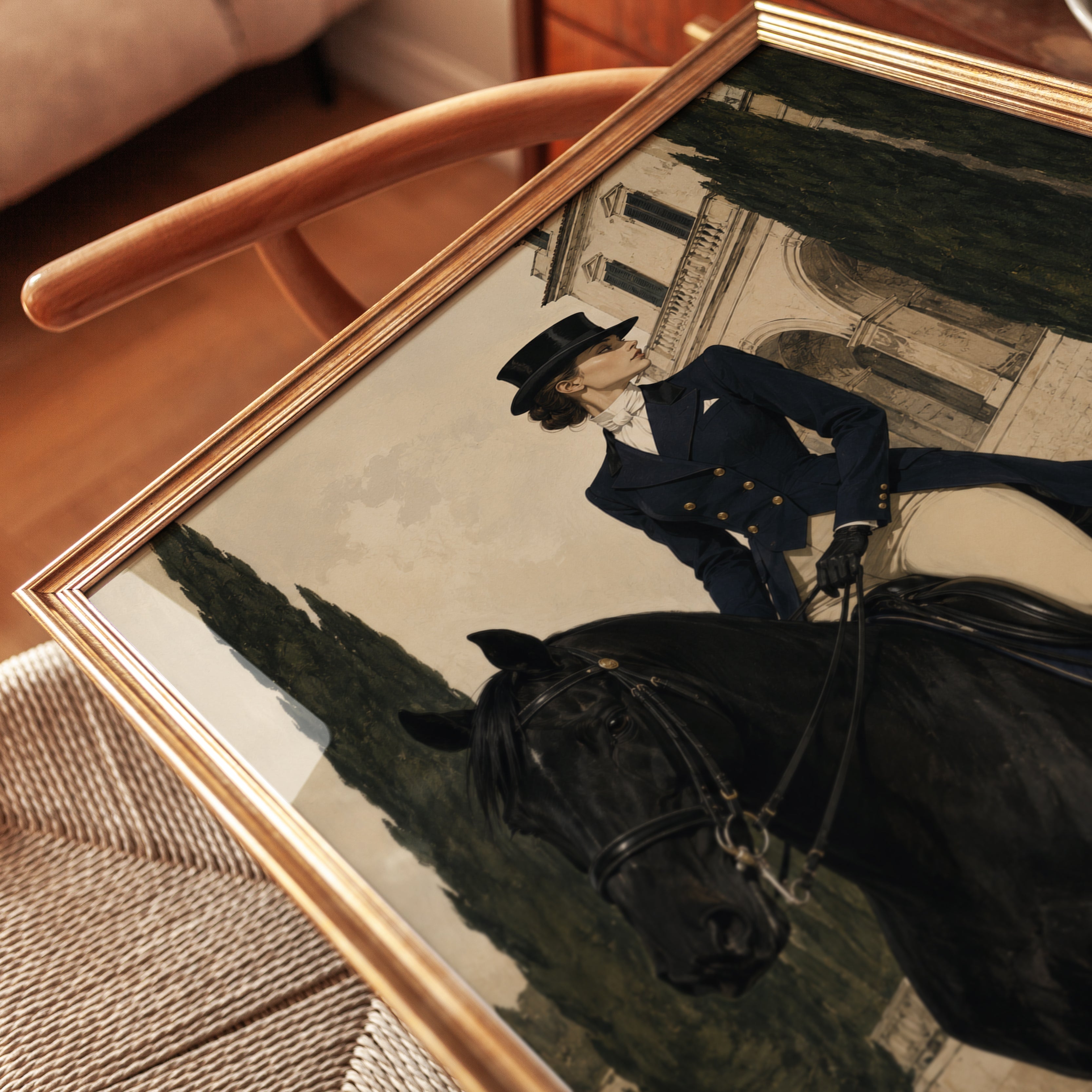 Victorian Equestrian Portrait: Elegant Woman on Black Horse Art Print - detail