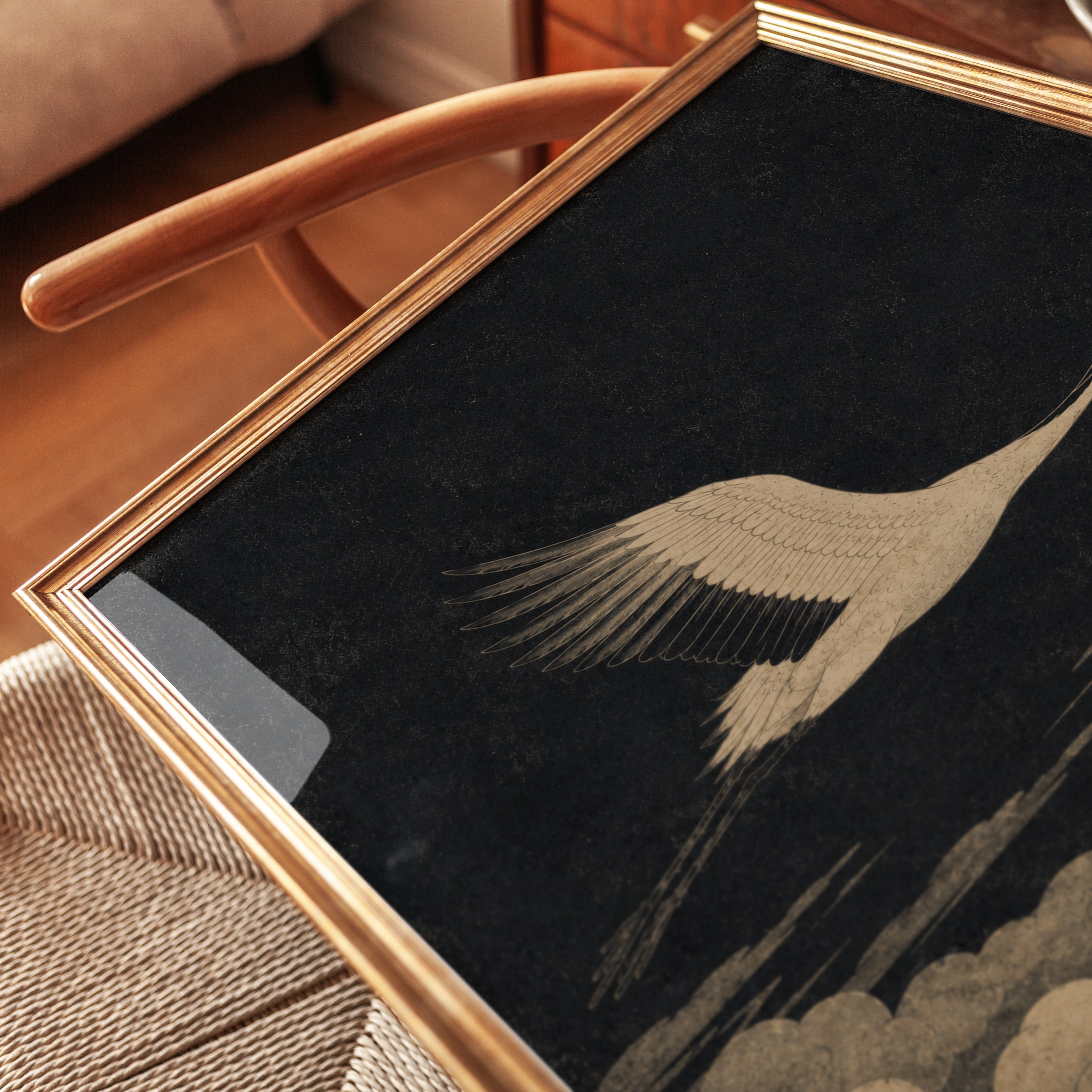 Japanese Crane Print: Vintage Oriental Bird Artwork (Gold & Black) - detail