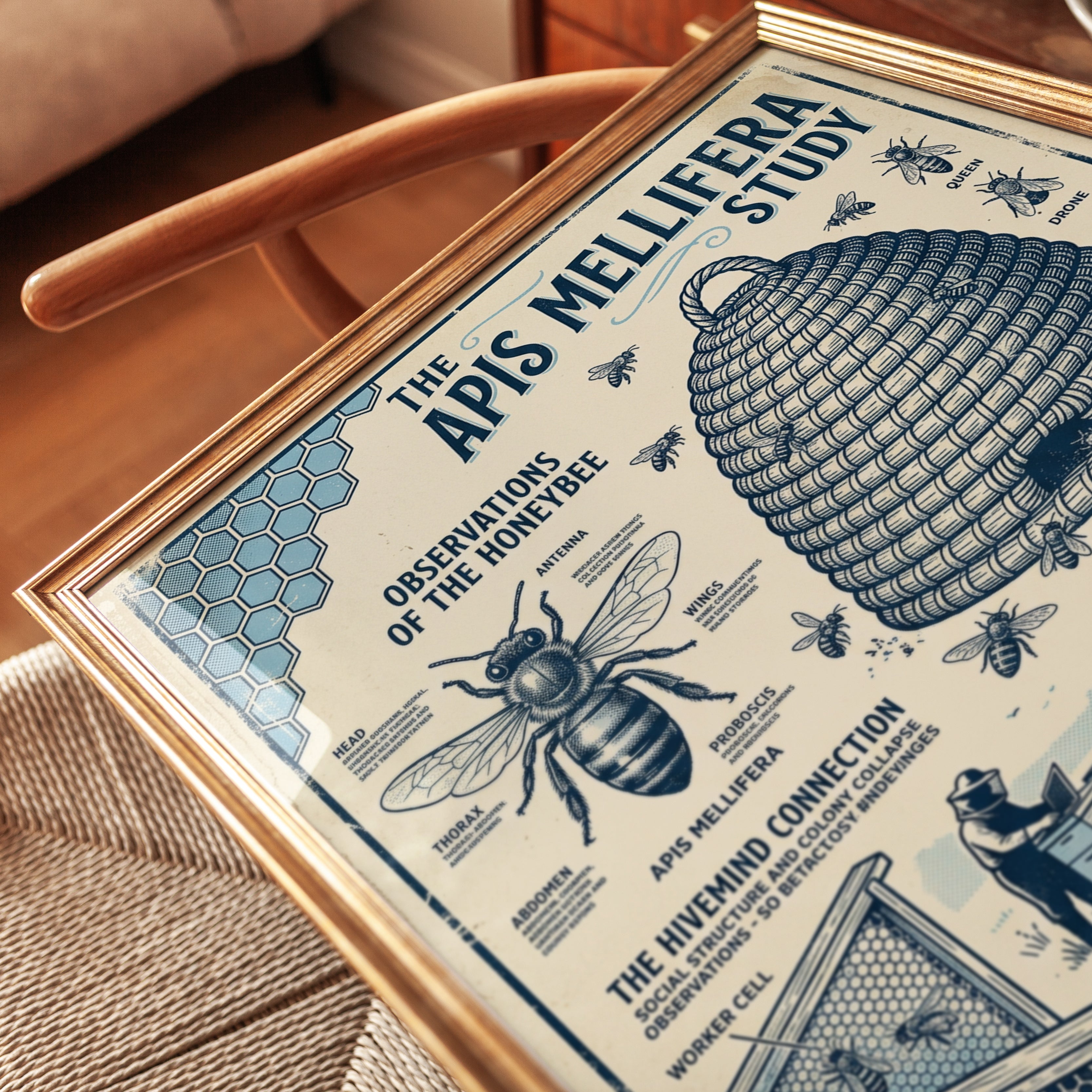 Vintage Honeybee Study Poster: Scientific Beekeeping Diagram Art - detail