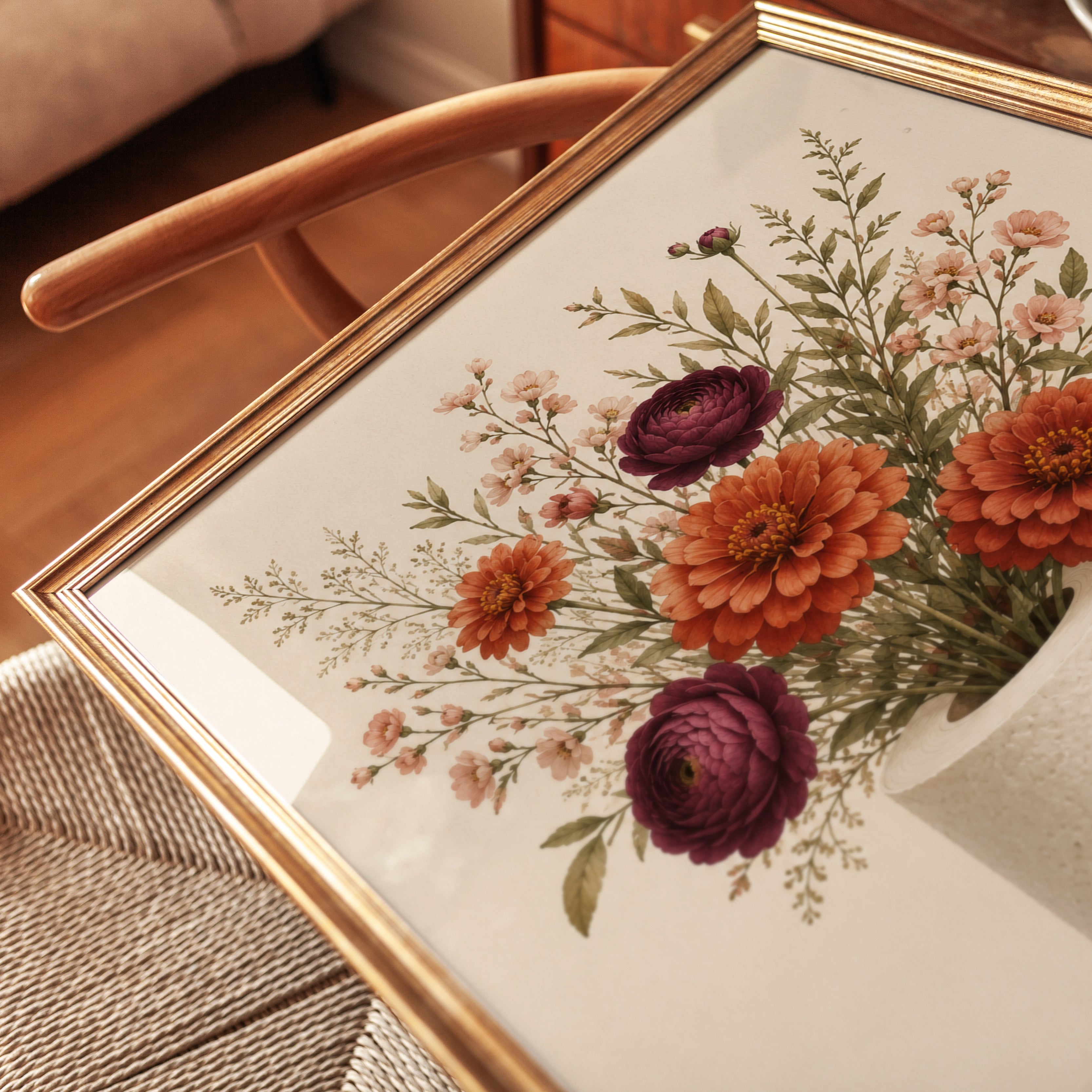 Autumn Floral Arrangement Print: Orange and Burgundy Botanicals - detail