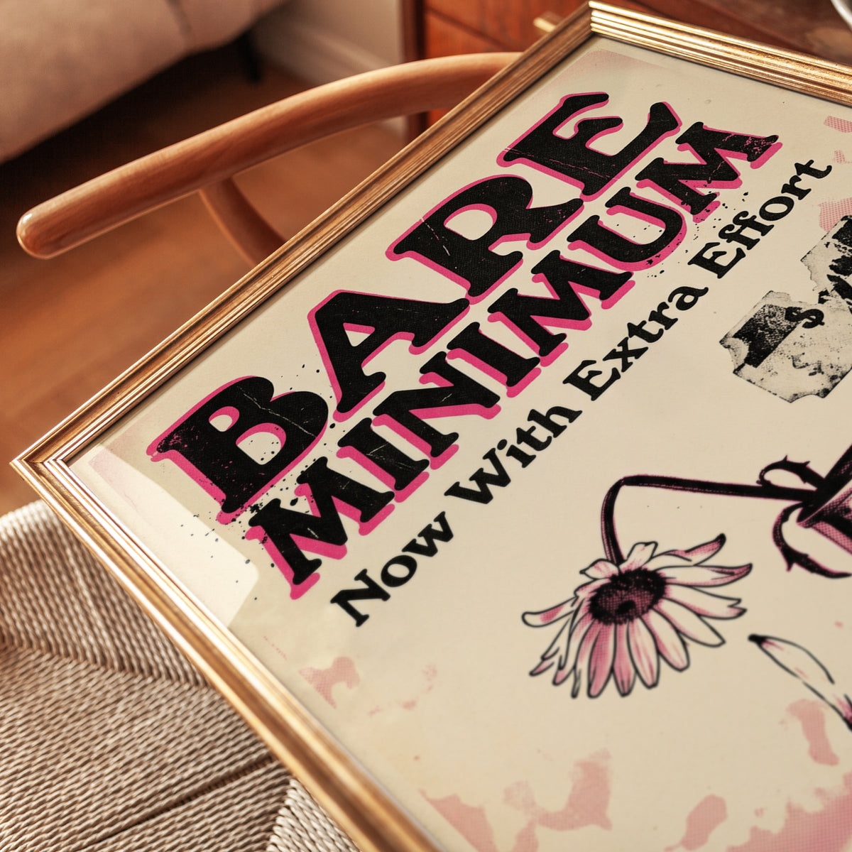 Bare Minimum Poster: Vintage Typography Art Print Pink Black - detail