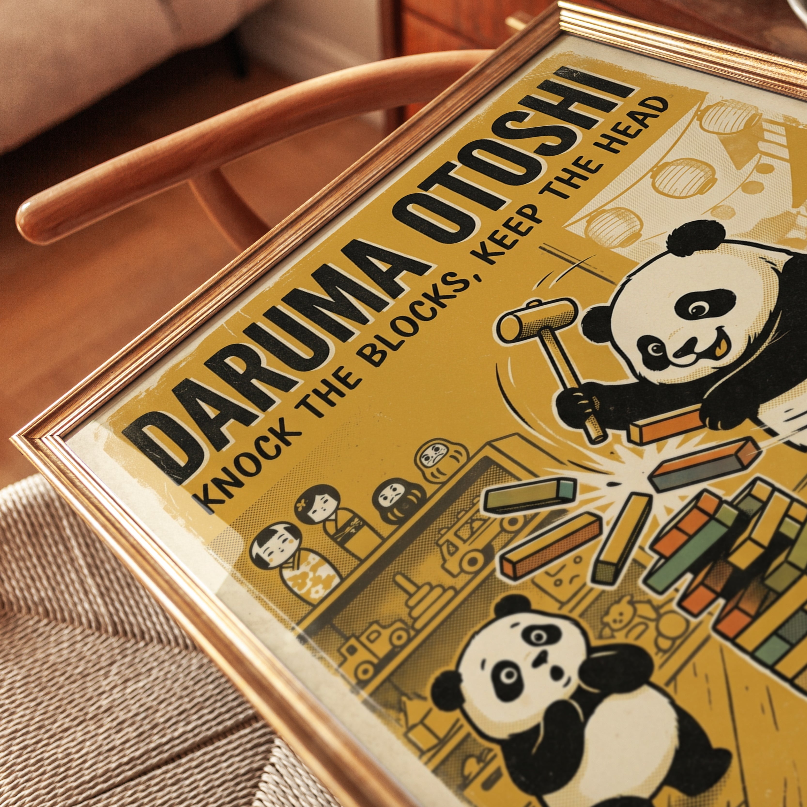 Daruma Otoshi Panda Poster: Vintage Japanese Game Art Print - detail