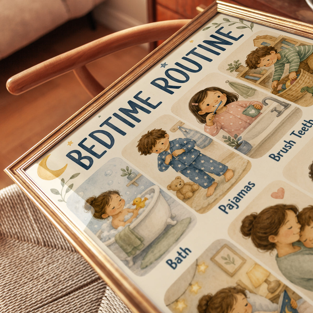 Bedtime Routine Chart: Watercolor Kids Art for Nursery & Bedroom - detail