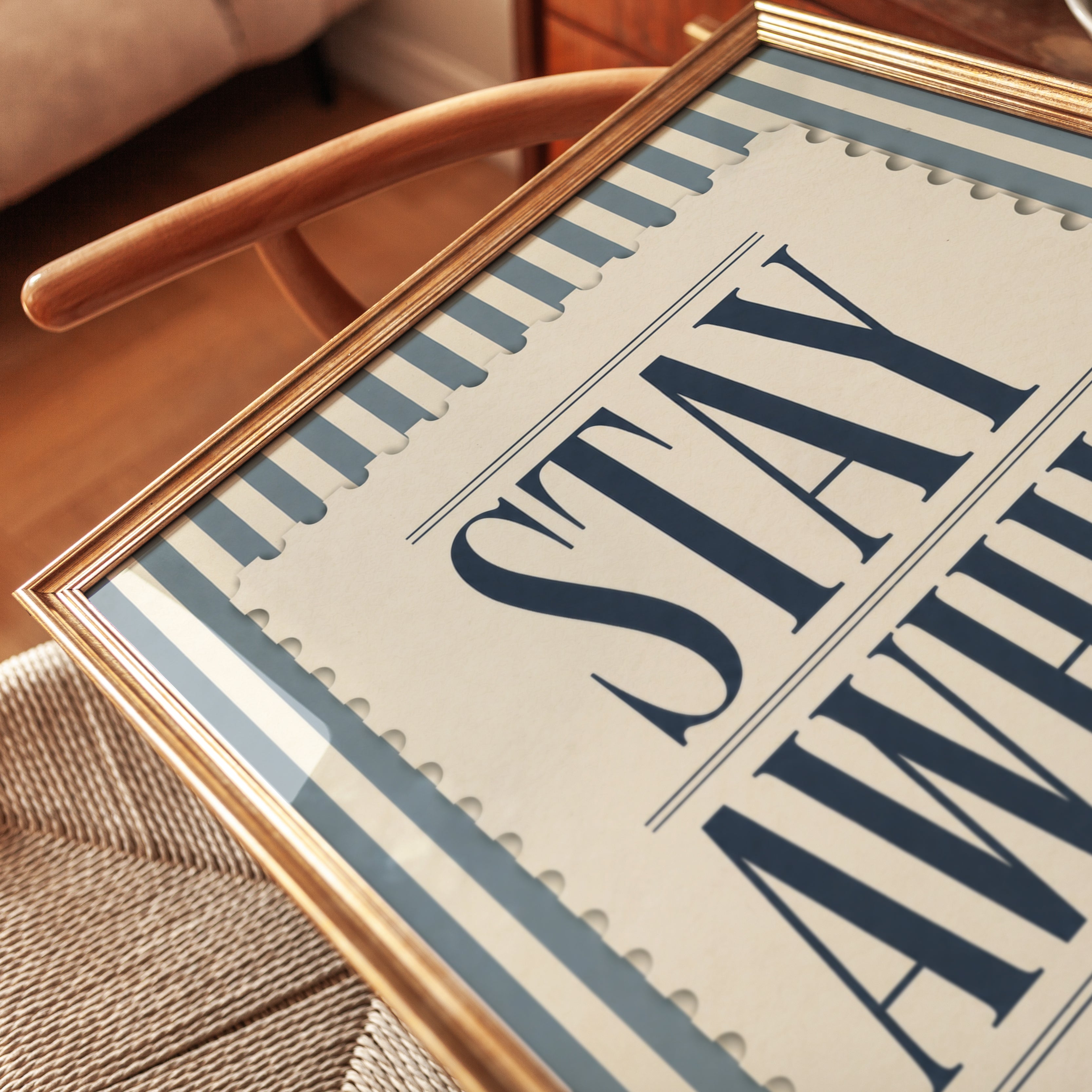 Stay Awhile Typography Poster: Vintage Blue Stripe Wall Art - detail