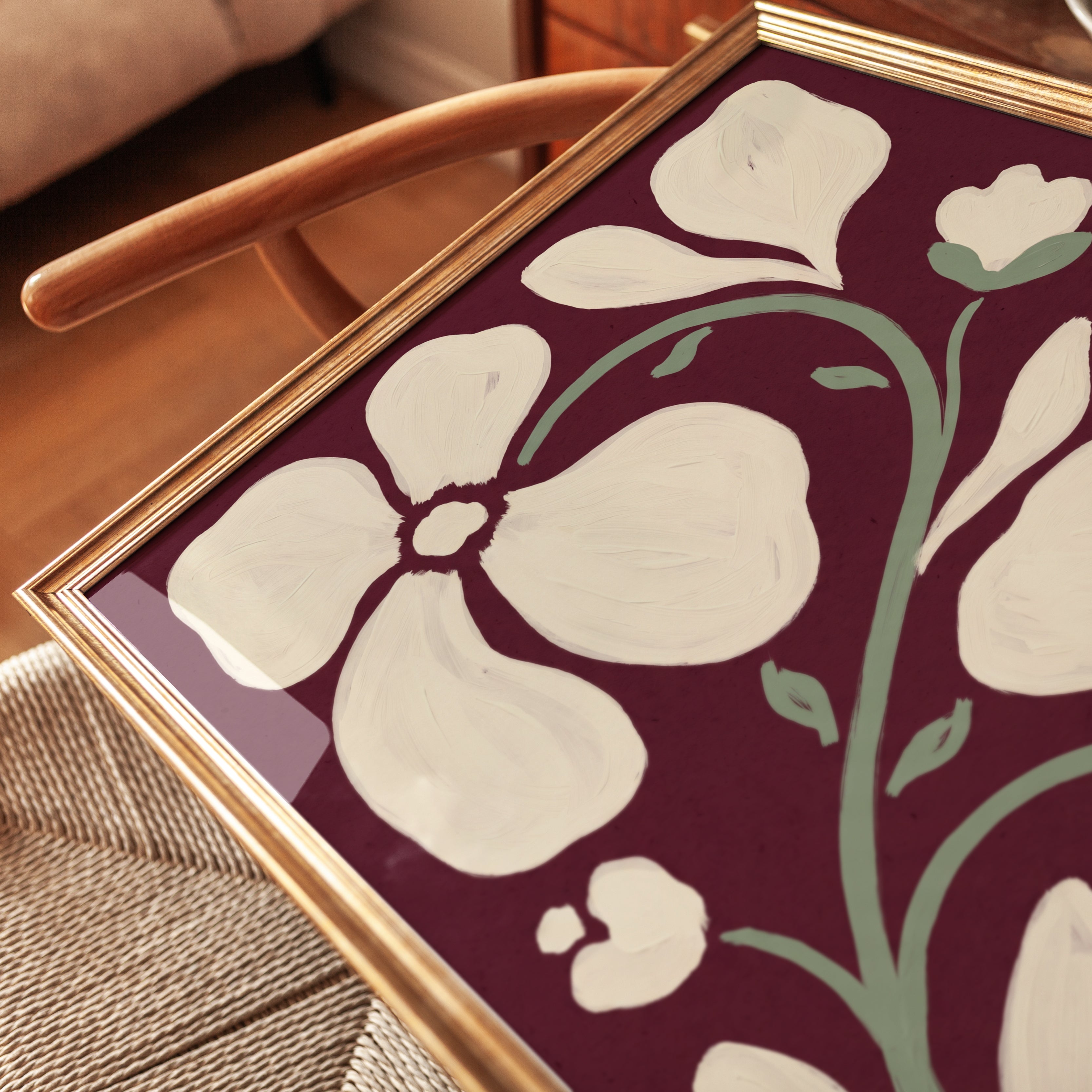 Burgundy Botanical Poster: Abstract Flowers and Leaves - detail