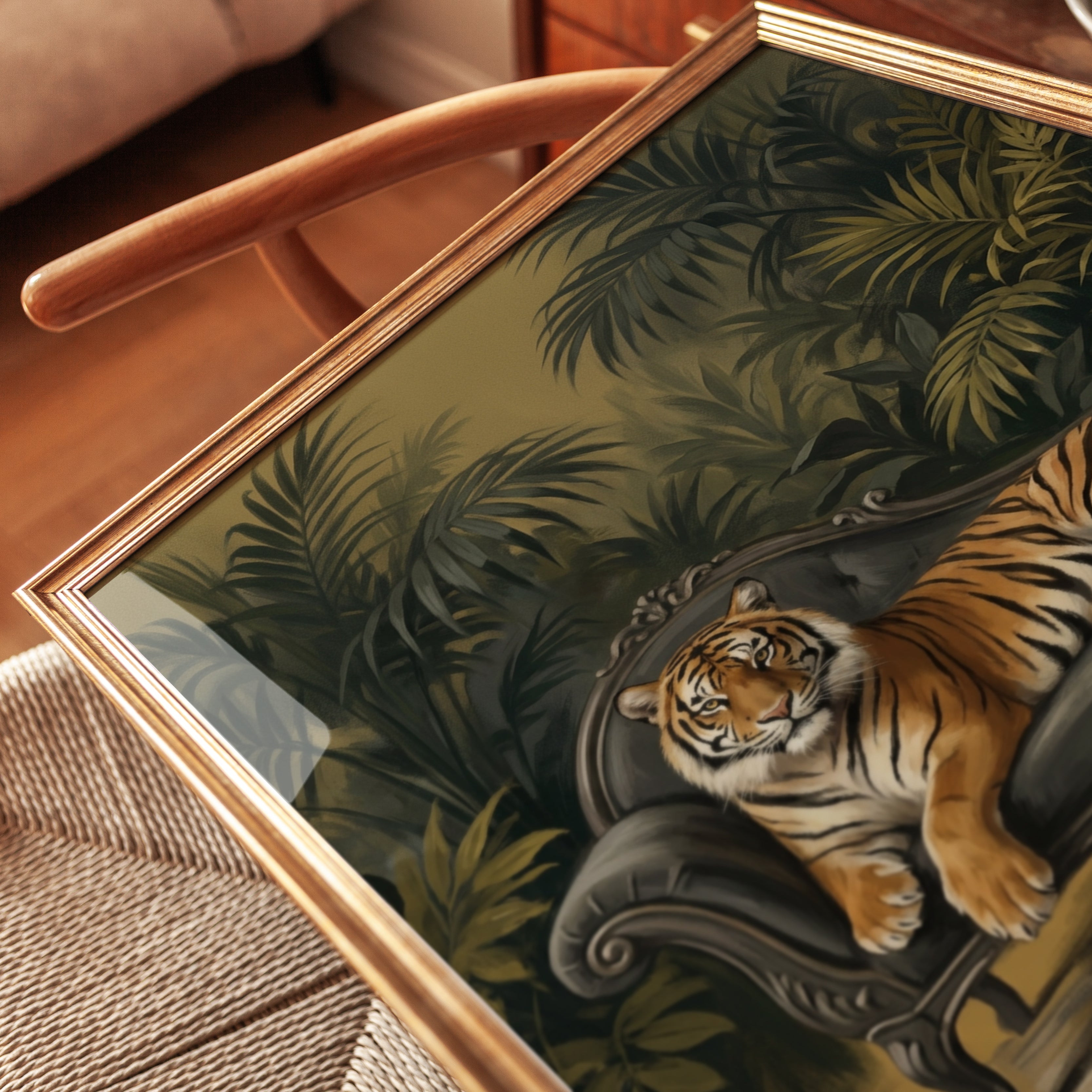 Tiger on Chaise Lounge Art Print: Tropical Palm Jungle Decor - detail