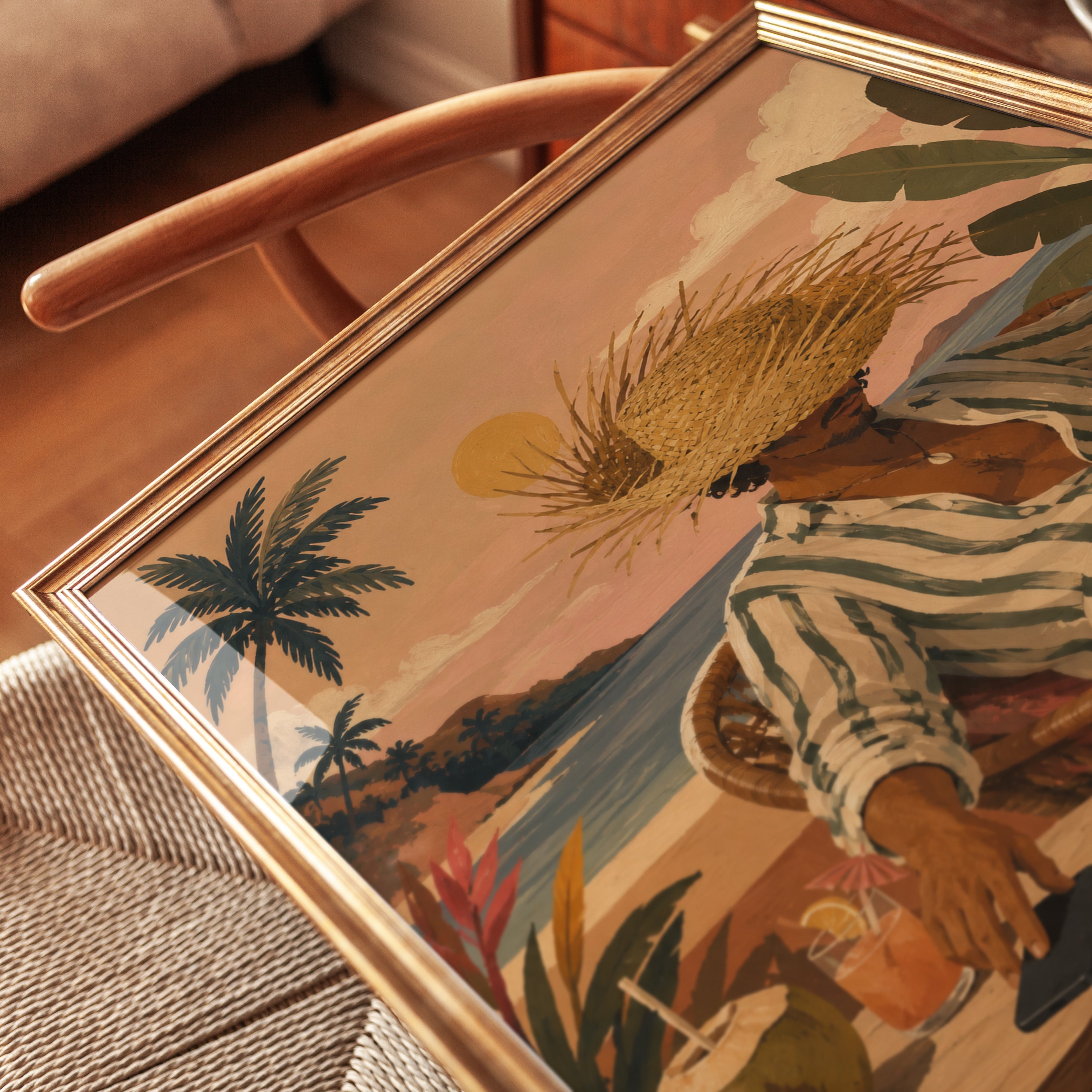 Tropical Coastal Leisure Art Print: Vintage Beach Scene - detail