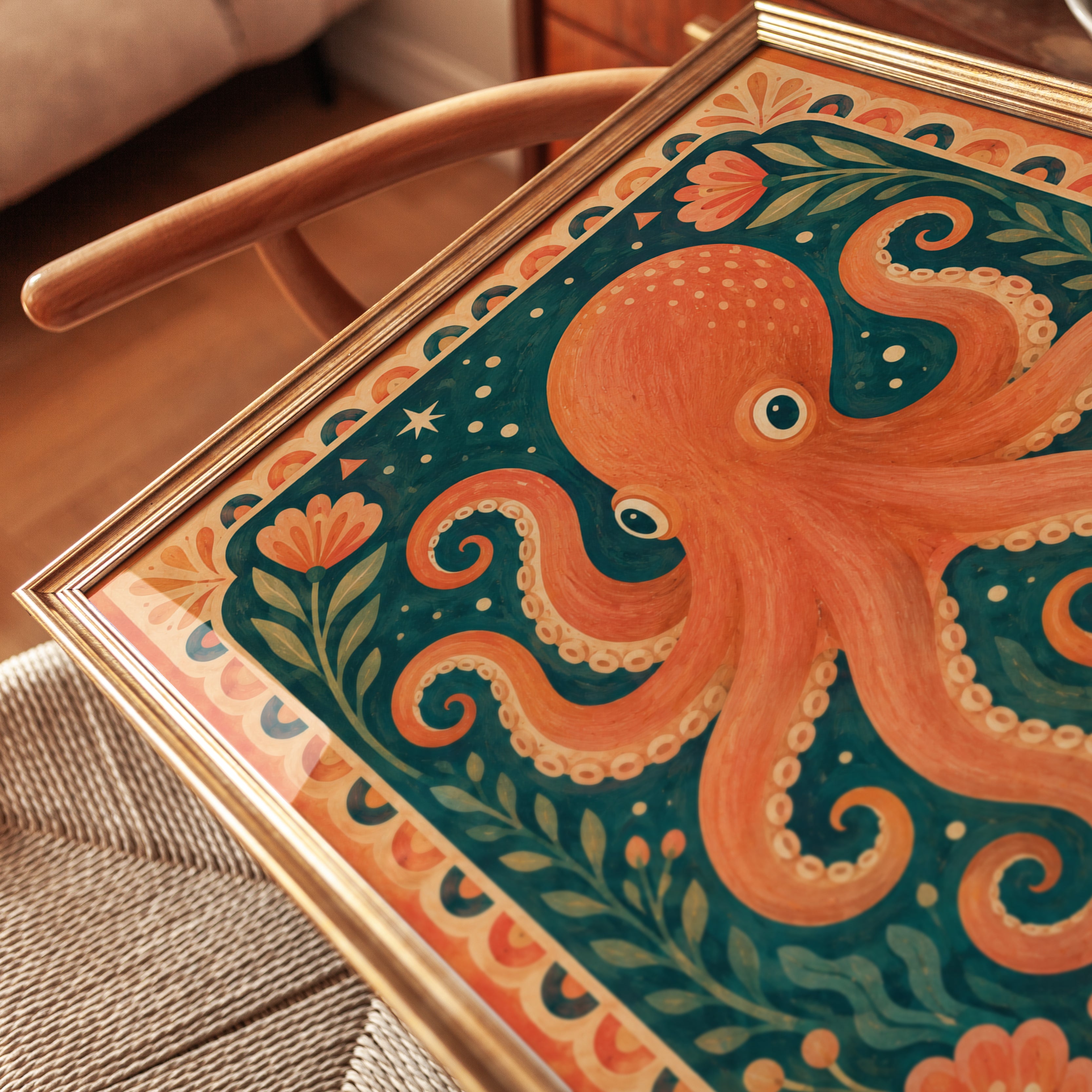 Octopus Wall Art – Vintage Folk Art Print - detail