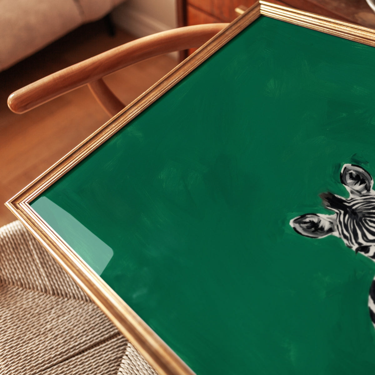 Zebra Portrait Print – Bold Emerald Green Modern Animal Wall Art - detail
