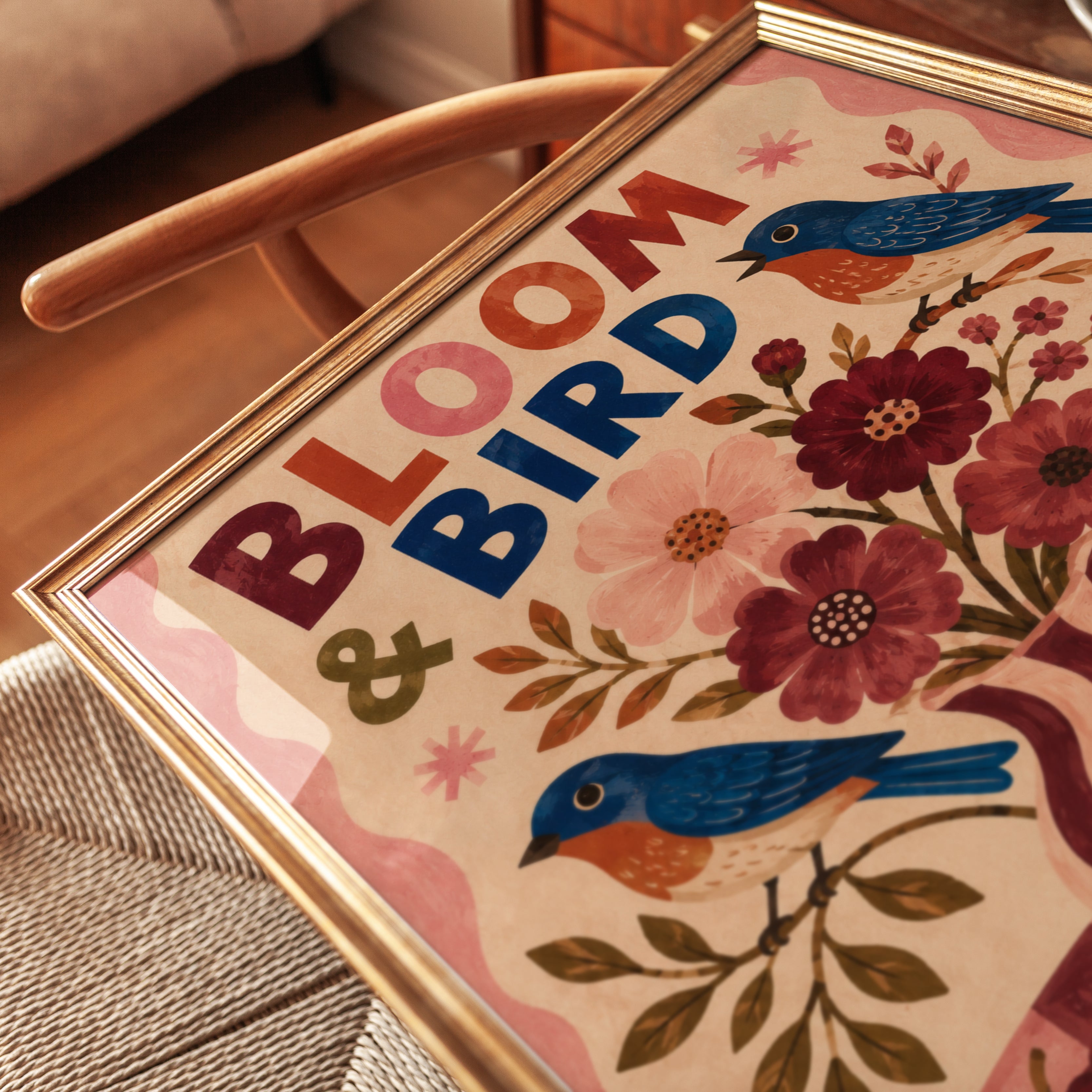 Bloom & Bird Folk Art Print: Blue Birds with Burgundy Florals - detail