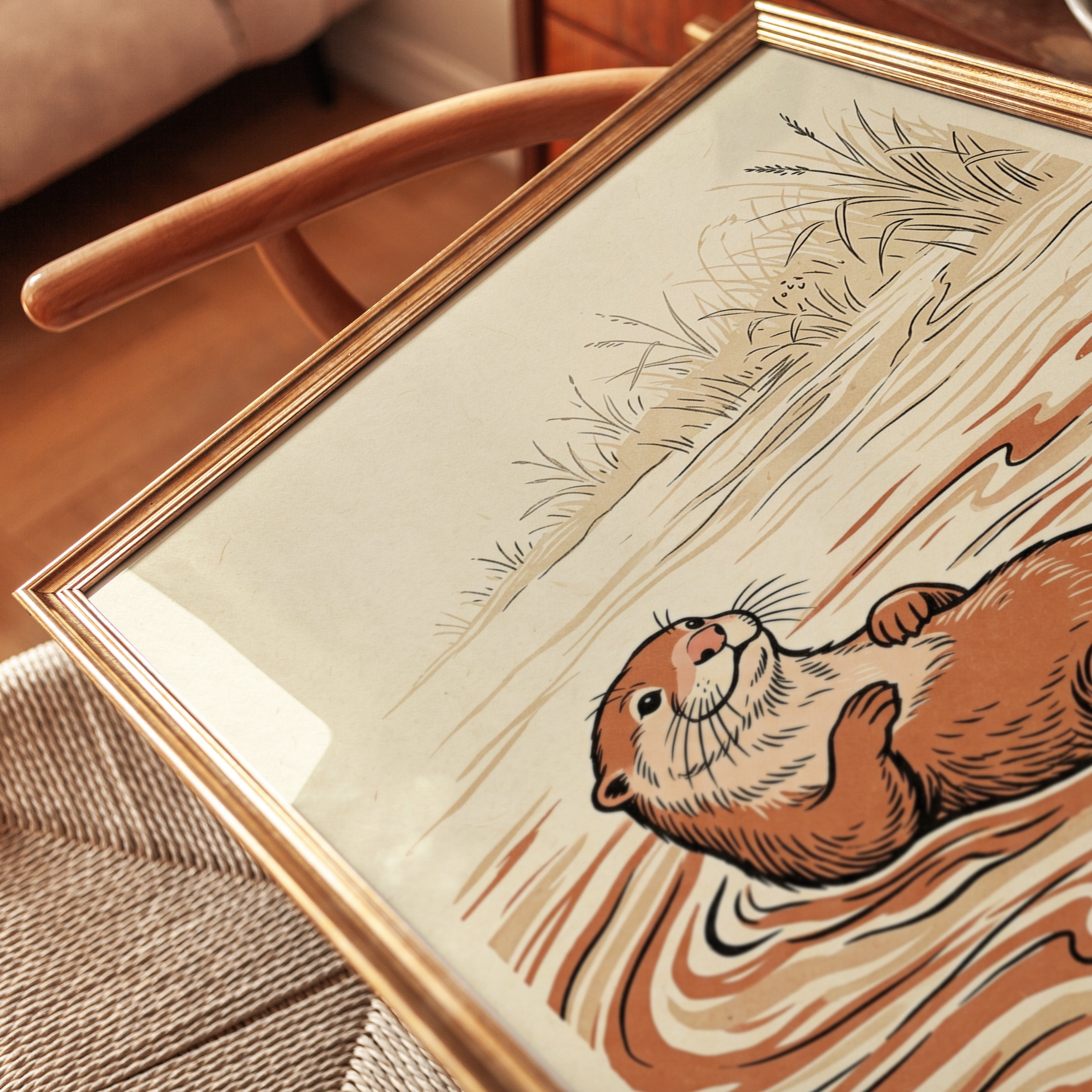 Floating Otter Art Print: Japanese Woodblock Style Wildlife Design - detail