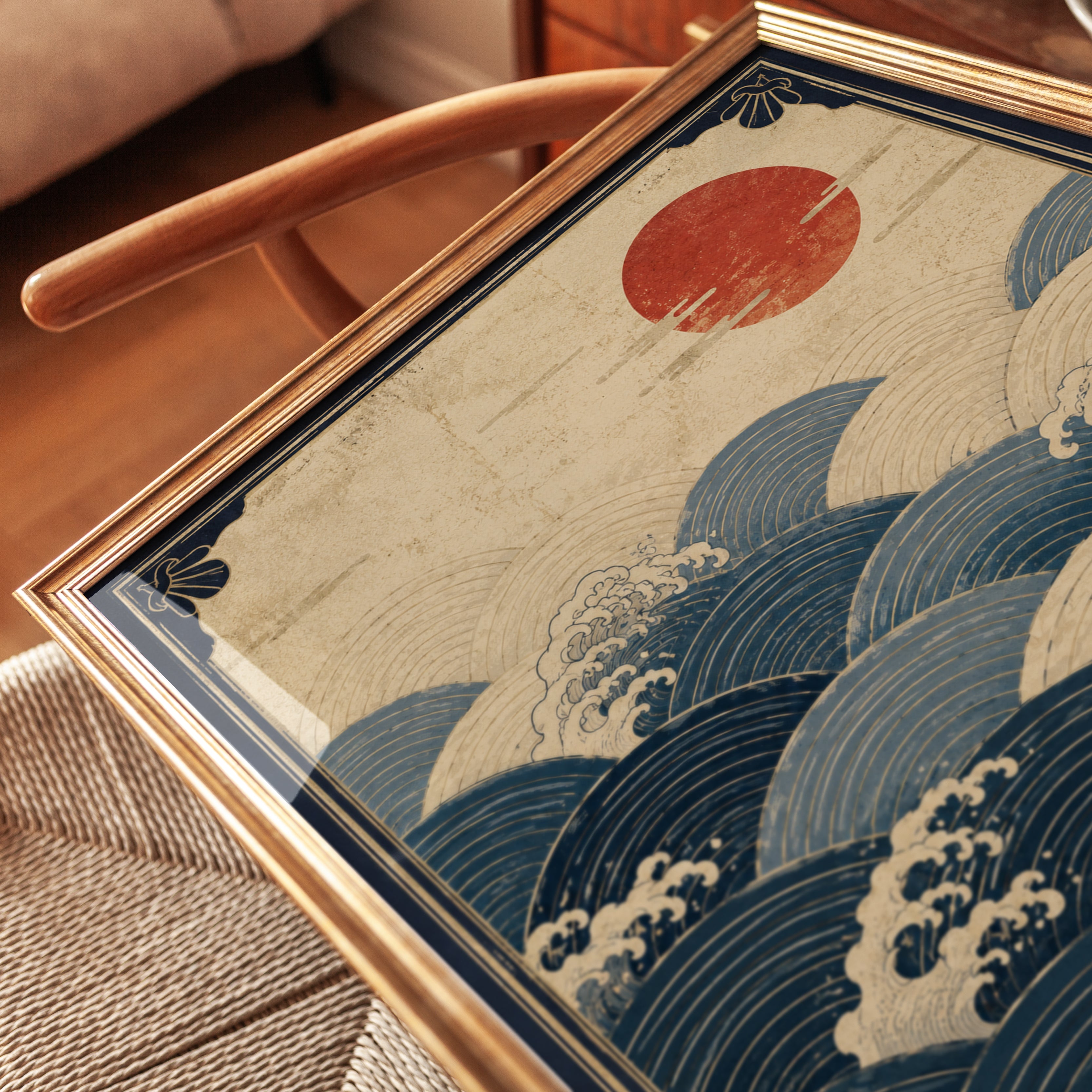 Ocean Wall Art Print: Japanese Waves with Red Sun - detail