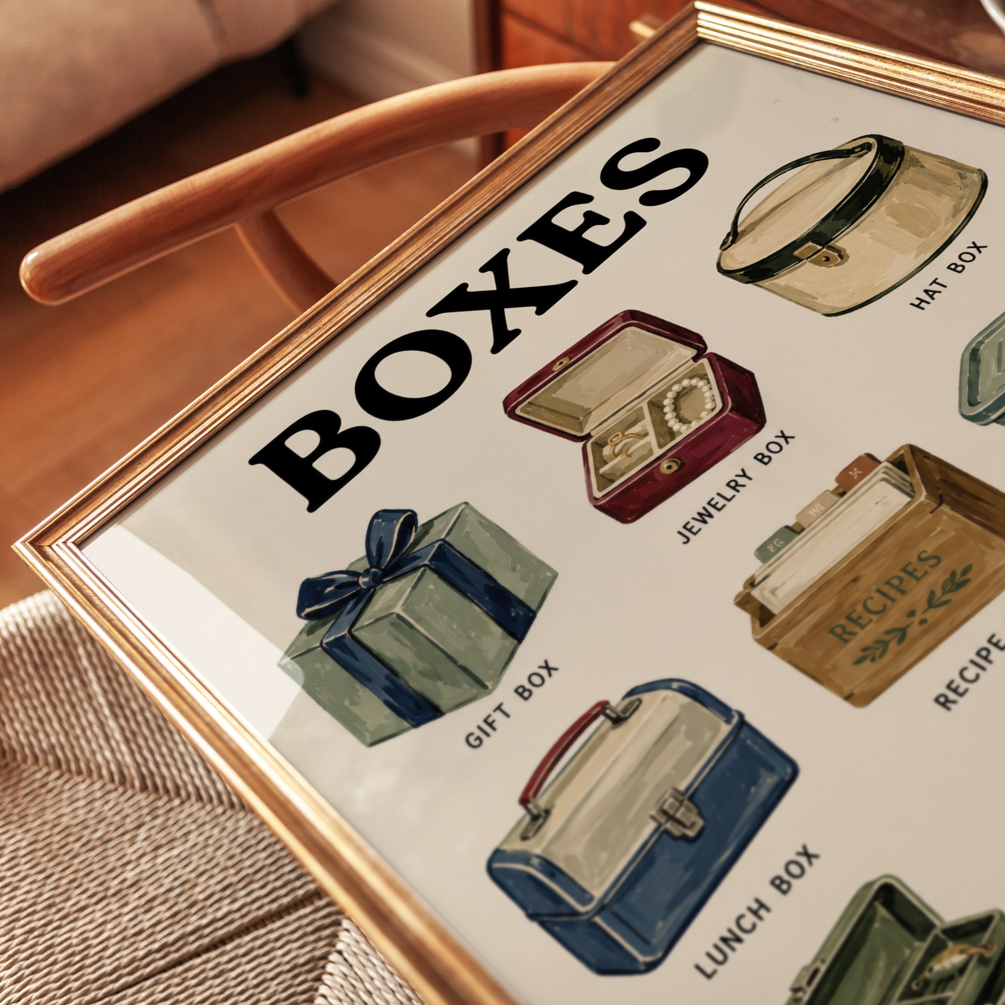 Vintage Boxes Collection Print: Retro Illustration Wall Art - detail