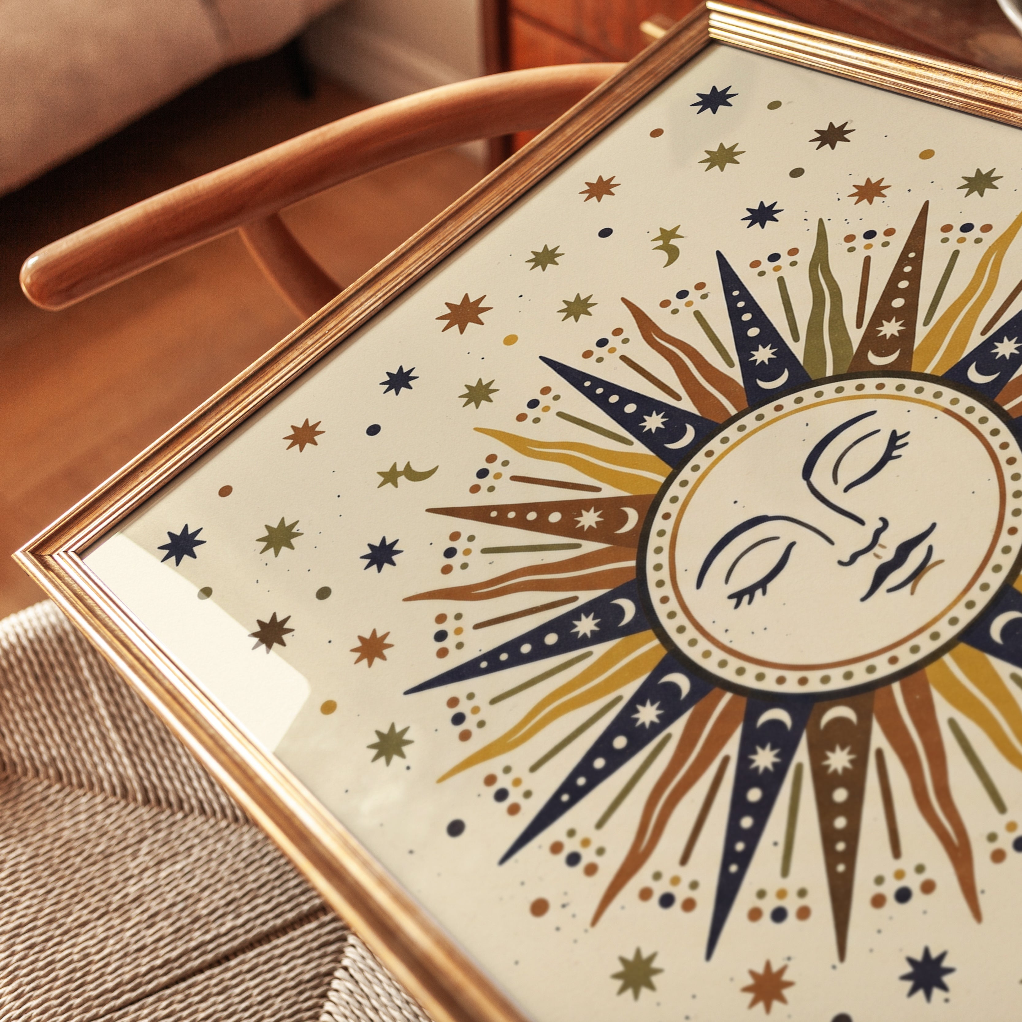 Celestial Sun Face Art Print: Folk Art Style in Earthy Tones - detail