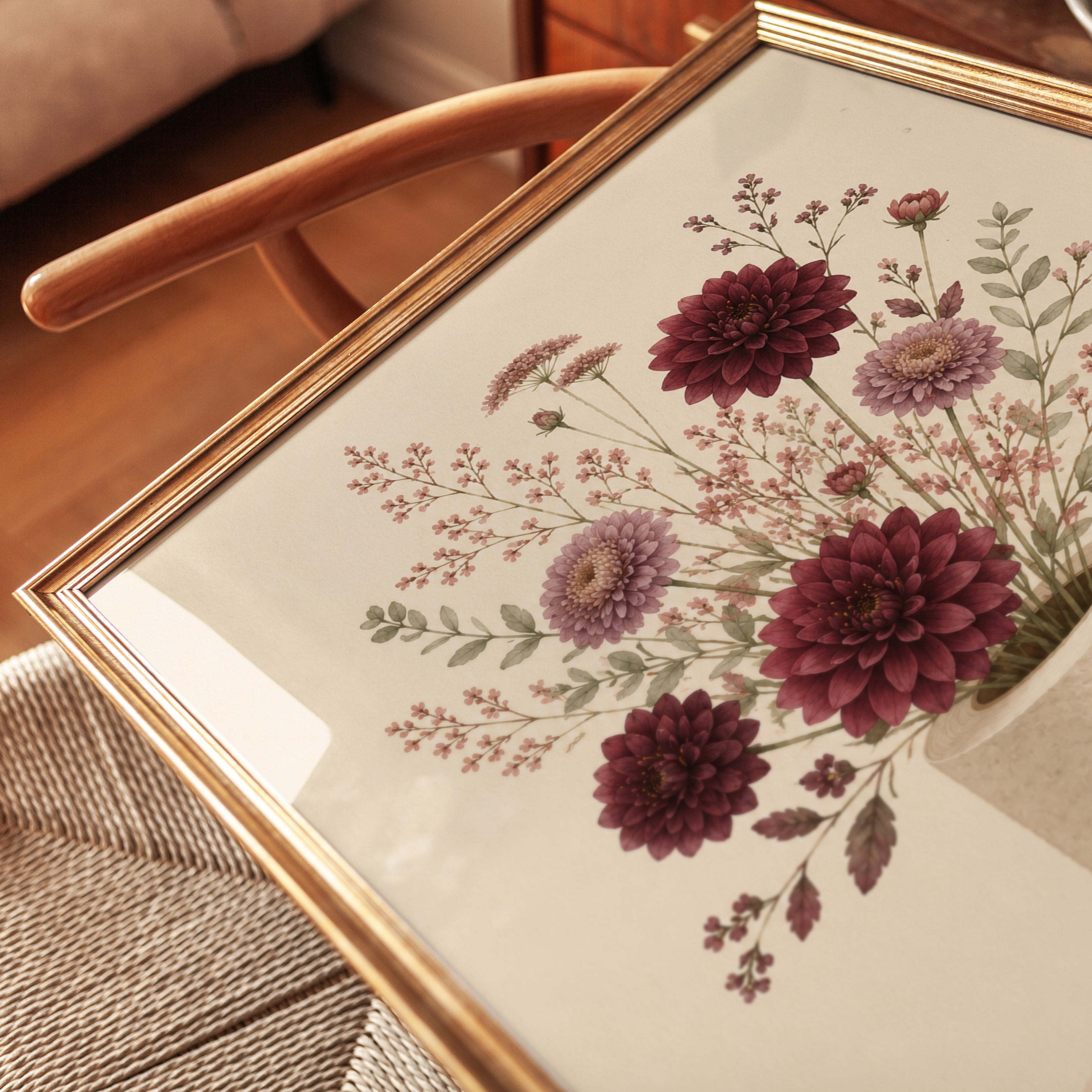 Burgundy Dahlia Botanical Print: Vintage Floral Arrangement Art - detail