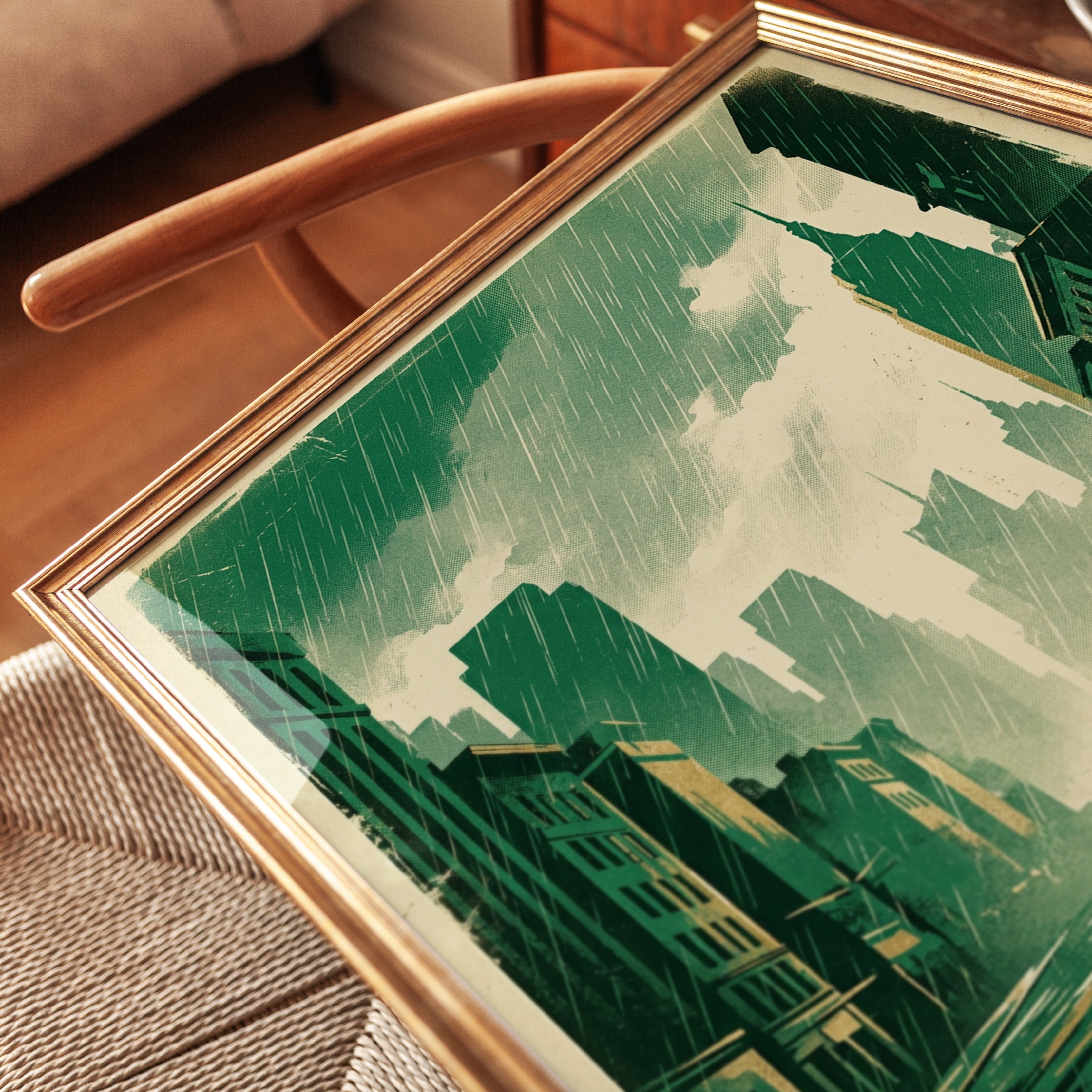 Vintage City Rain Print — Art Deco Storm Scene - detail