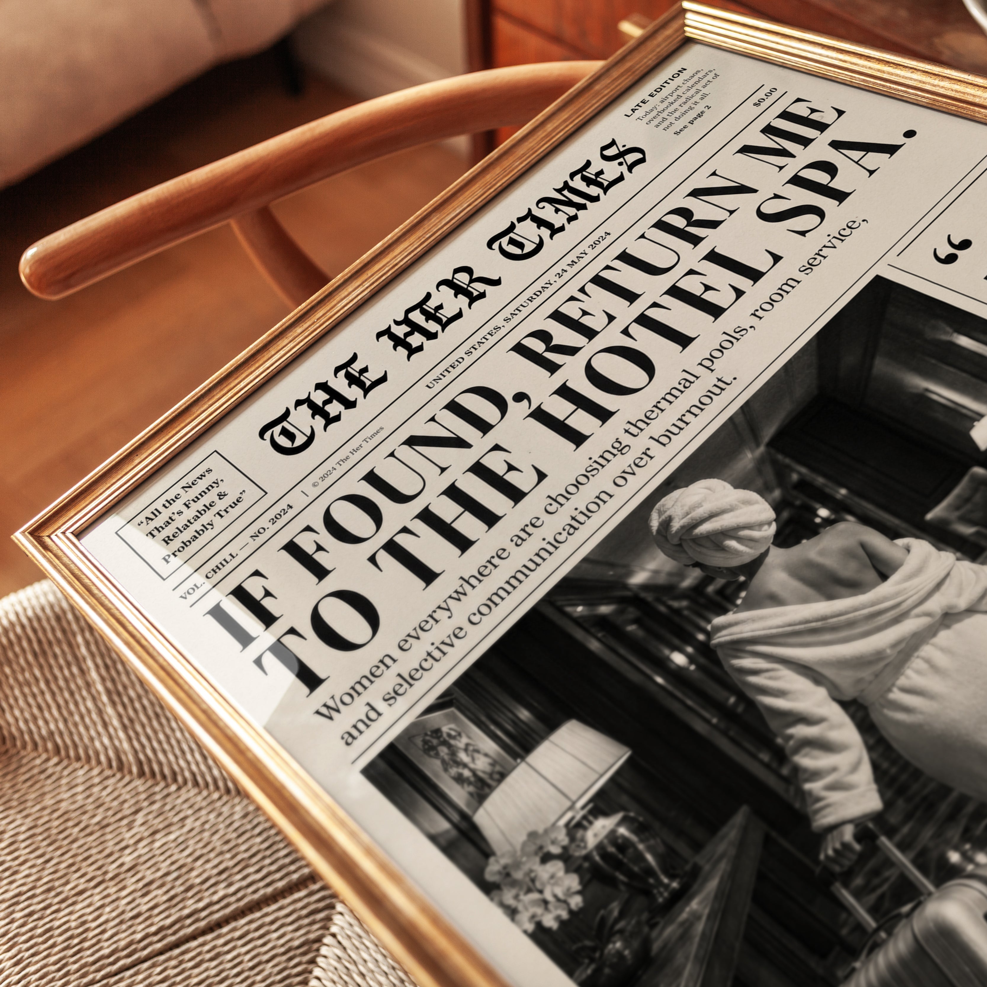 Vintage Newspaper Wall Art: Humorous Hotel Spa Headline - detail