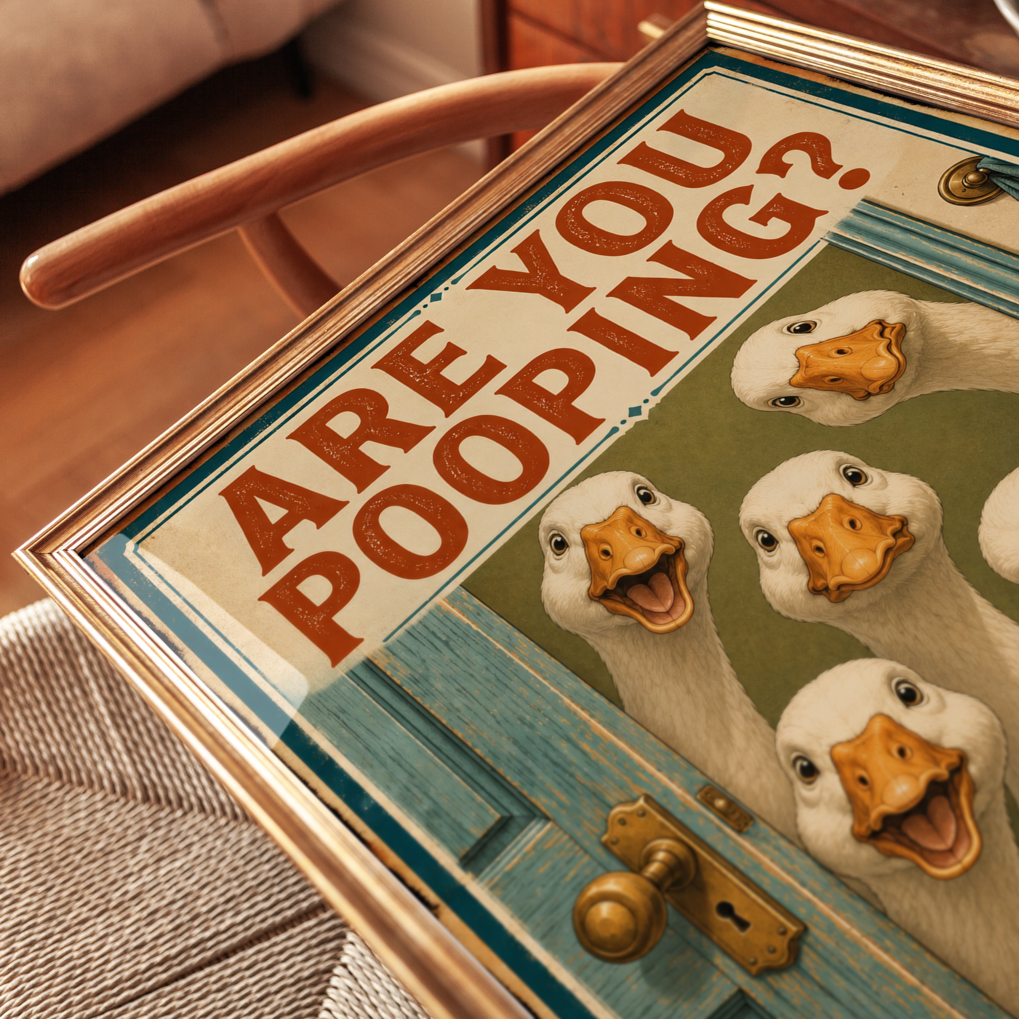 Funny Bathroom Ducks Print: Vintage Humor Wall Art - detail