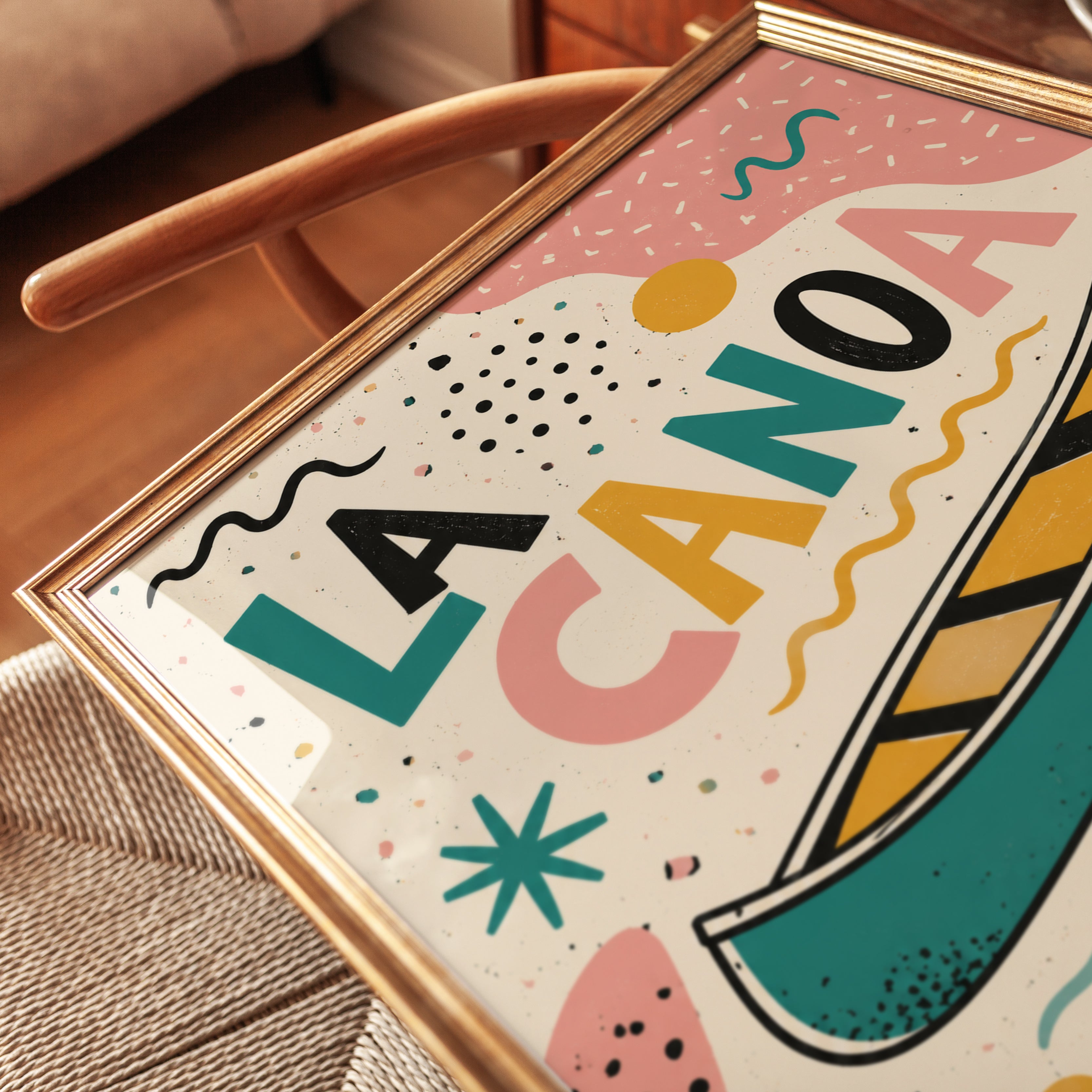 La Canoa Art Print: Mid-Century Modern Teal and Coral Design - detail