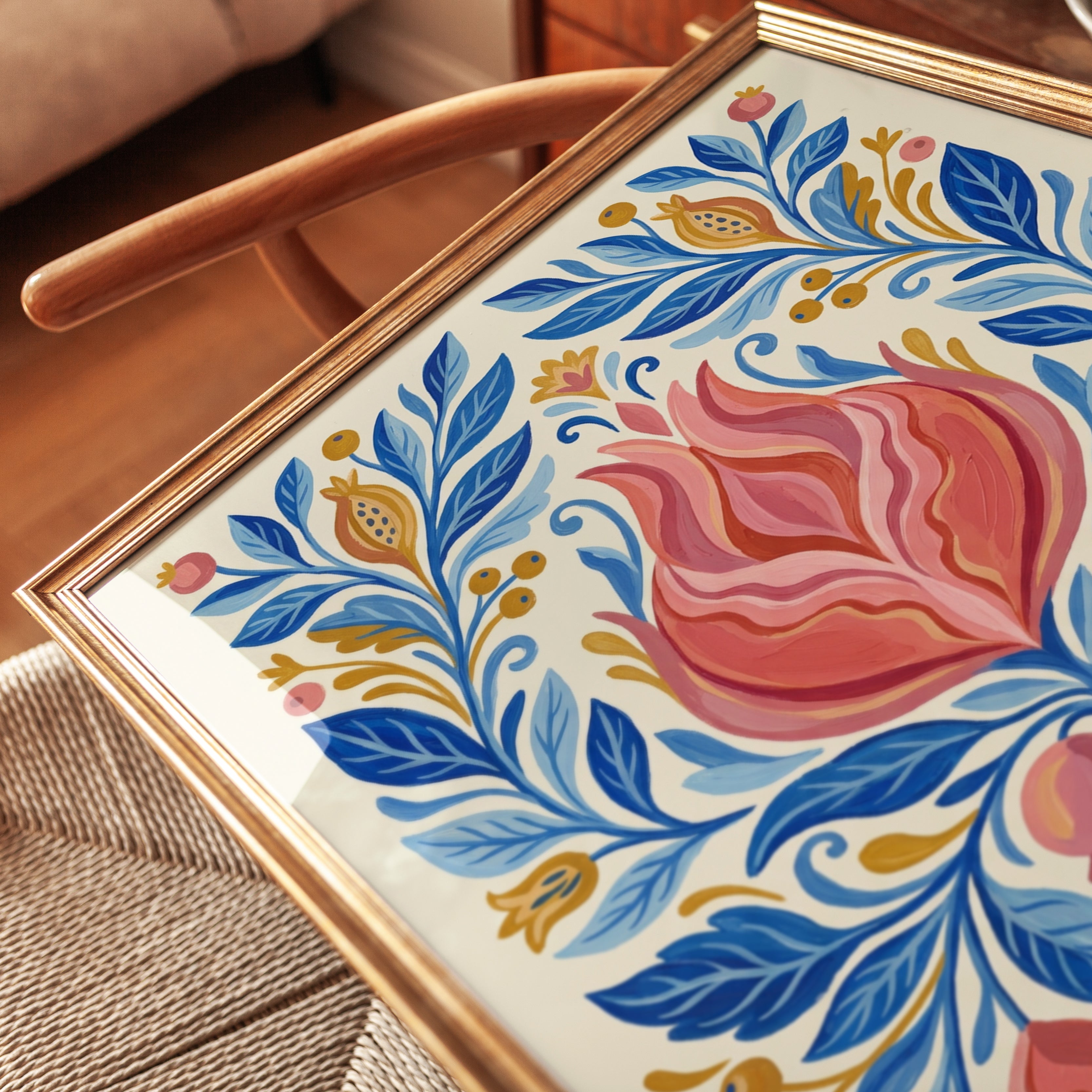Folk Art Floral Print — Symmetrical Botanical Illustration - detail
