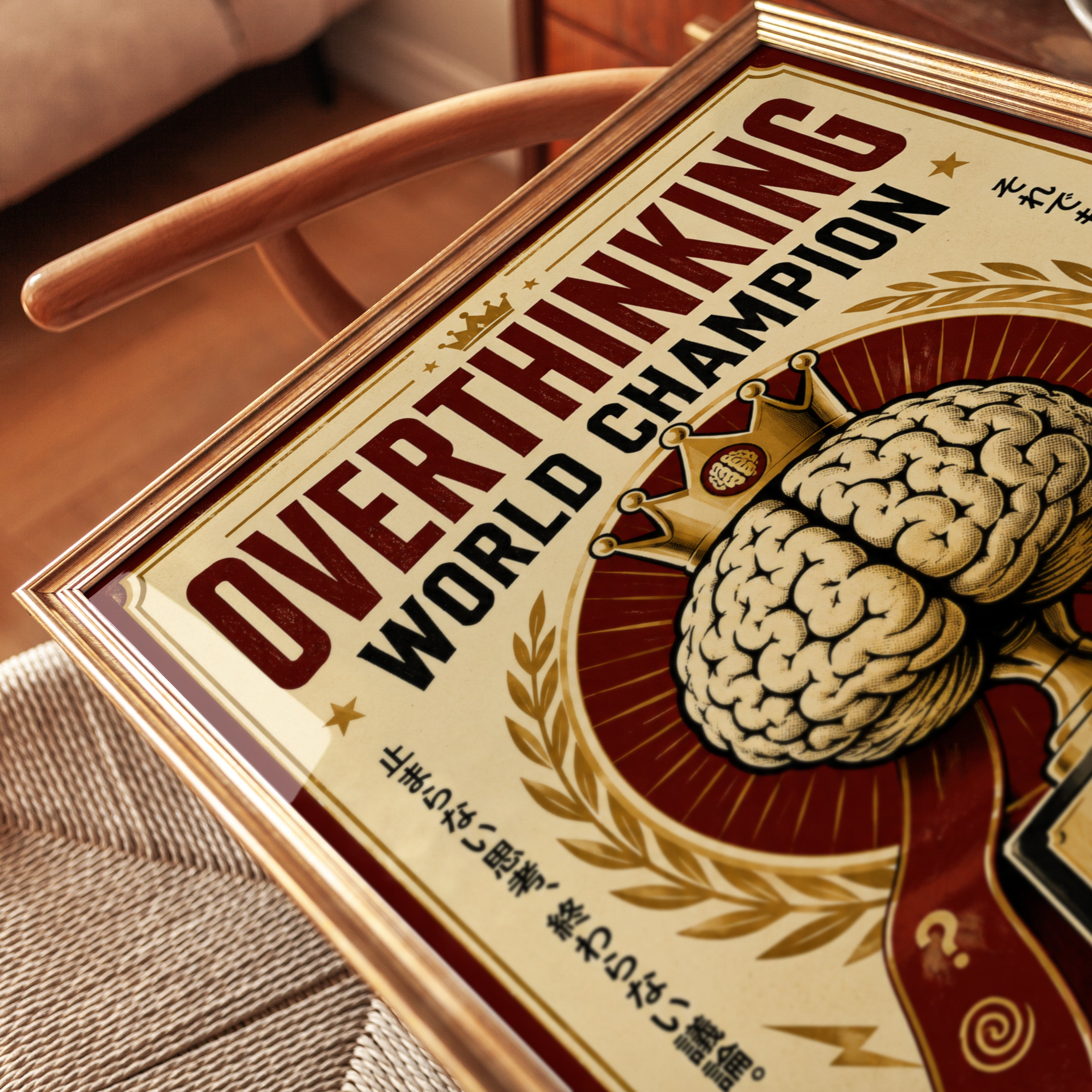 Overthinking World Champion Poster: Retro Japanese Trophy Design - detail